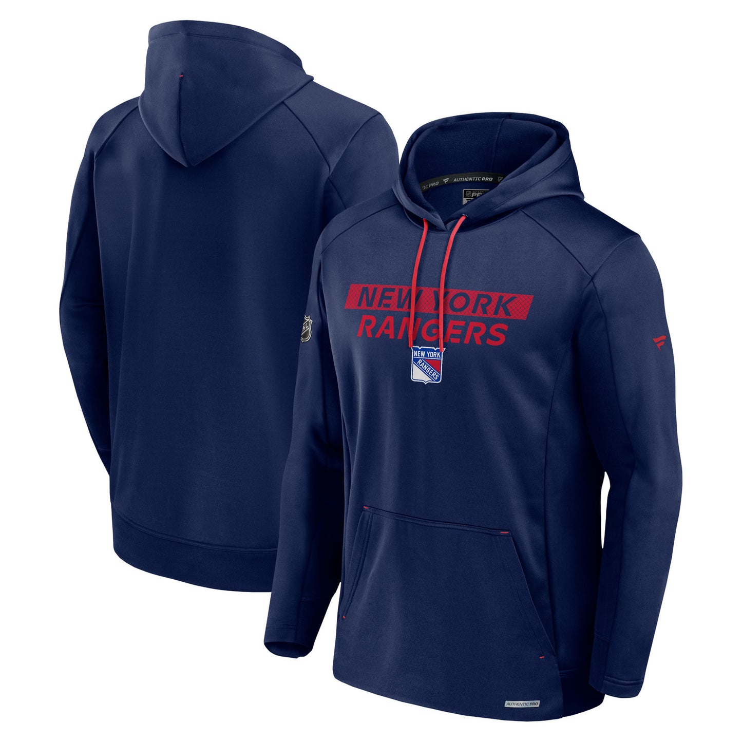 Fanatics Rangers 24-25 Authentic Pro Rink Poly Fleece Hoodie In Blue - Front & Back View