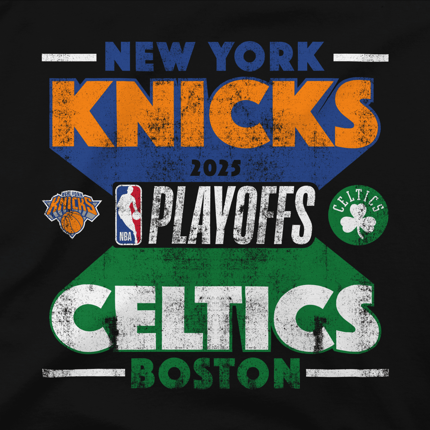 Knicks vs Celtics Playoffs 2025 Stunt Match Up Tee In Black - Graphic View