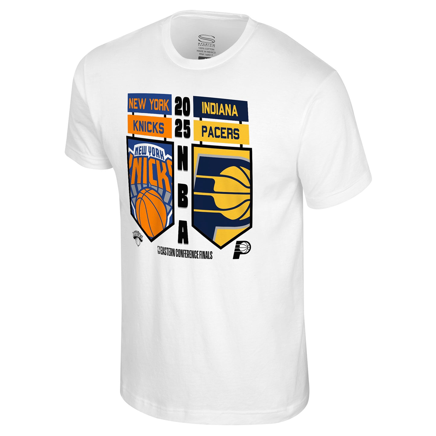 Knicks vs Pacers Eastern Conference Finals 2025 Match Up Tee In White - Front View