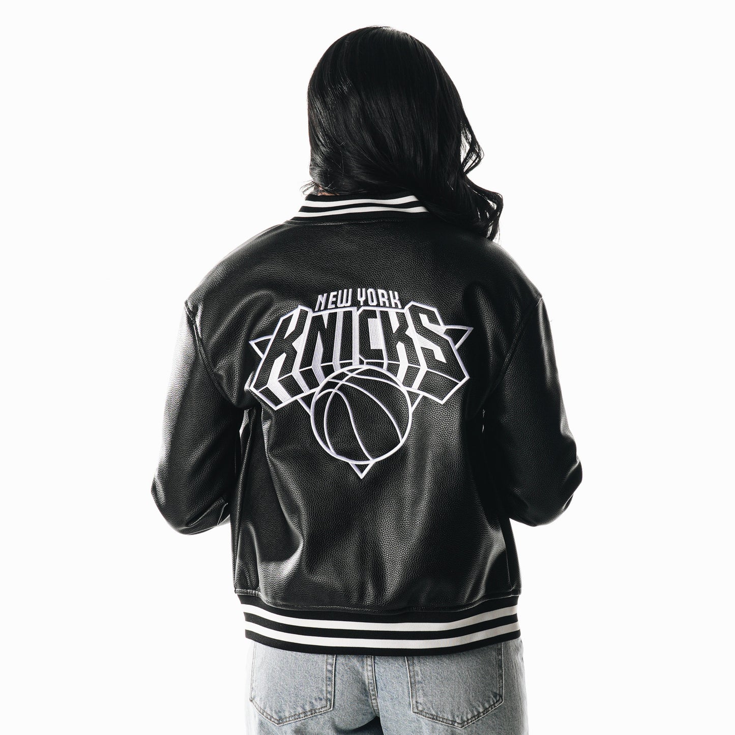Wild Collective Knicks Faux Leather Bomber Jacket In Black - Back View