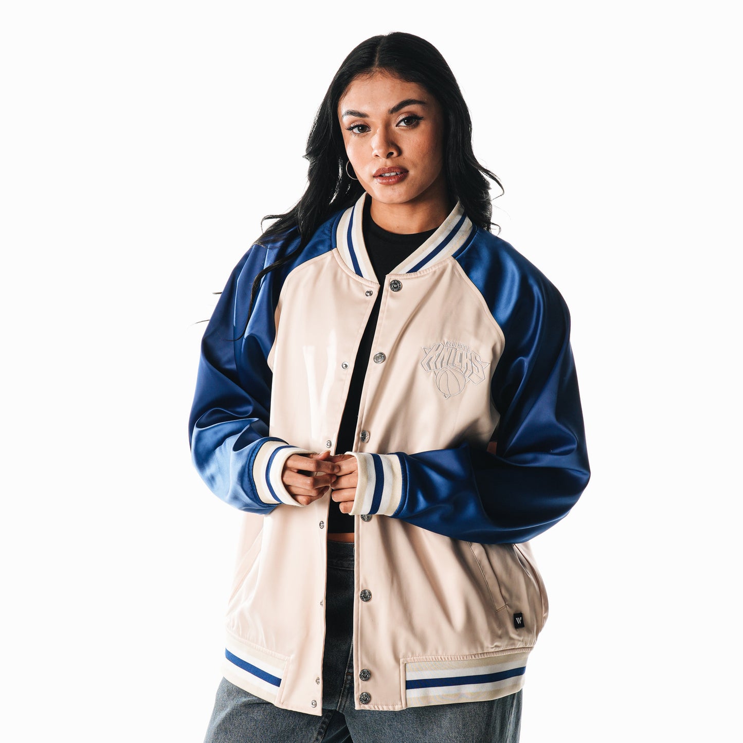 Wild Collective Knicks Raglan Satin Track Jacket In Cream - Front View