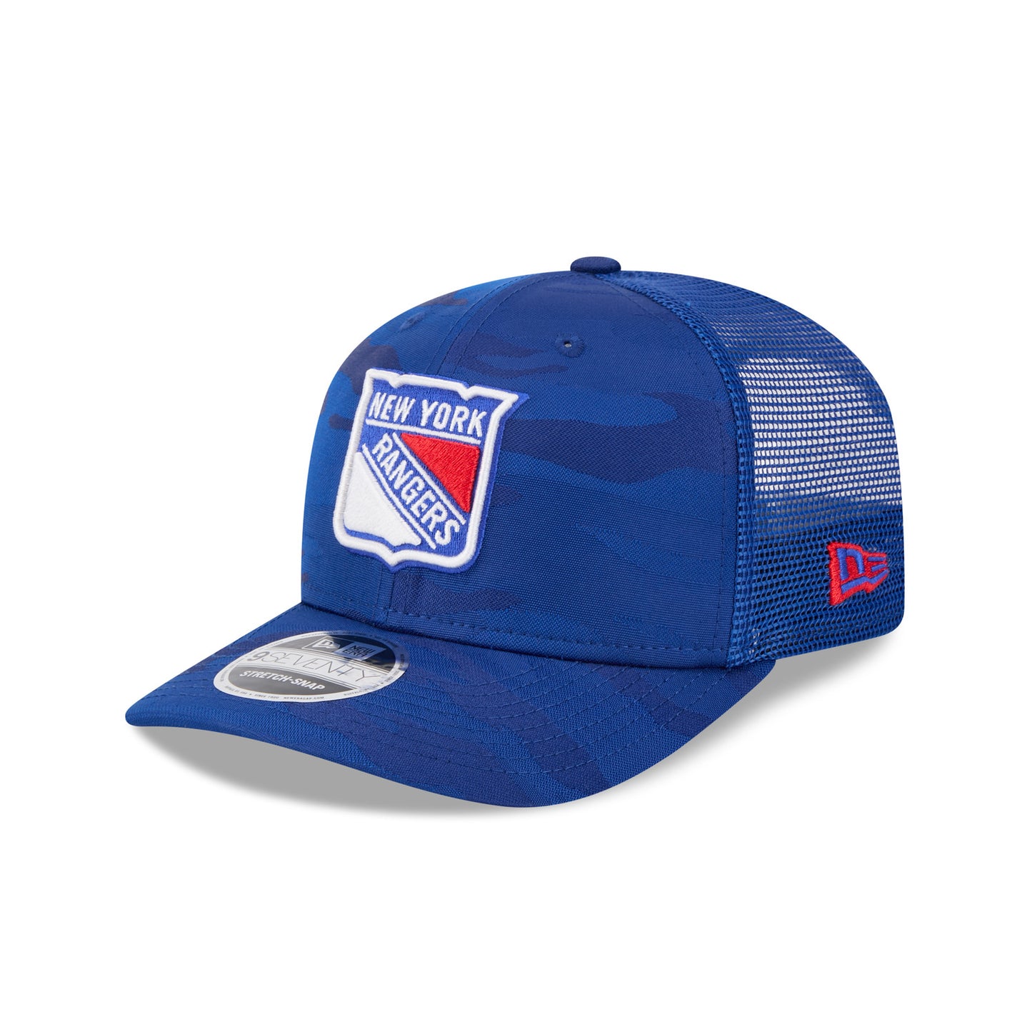 New Era Rangers Camo Trucker 970 Stretch Snapback In Blue - Front View