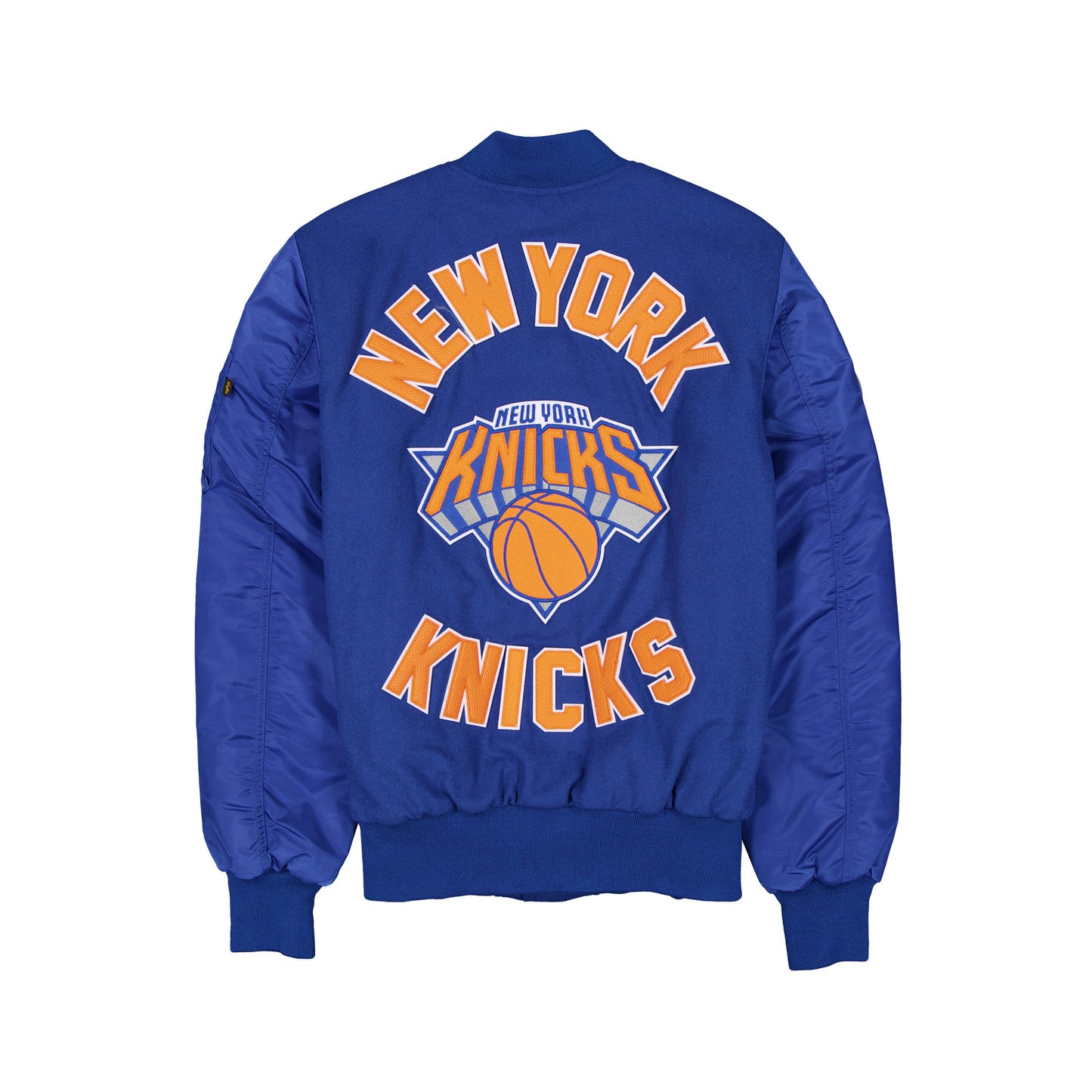 New Era Knicks Alpha Collection Varsity Royal Jacket In Blue - Back View