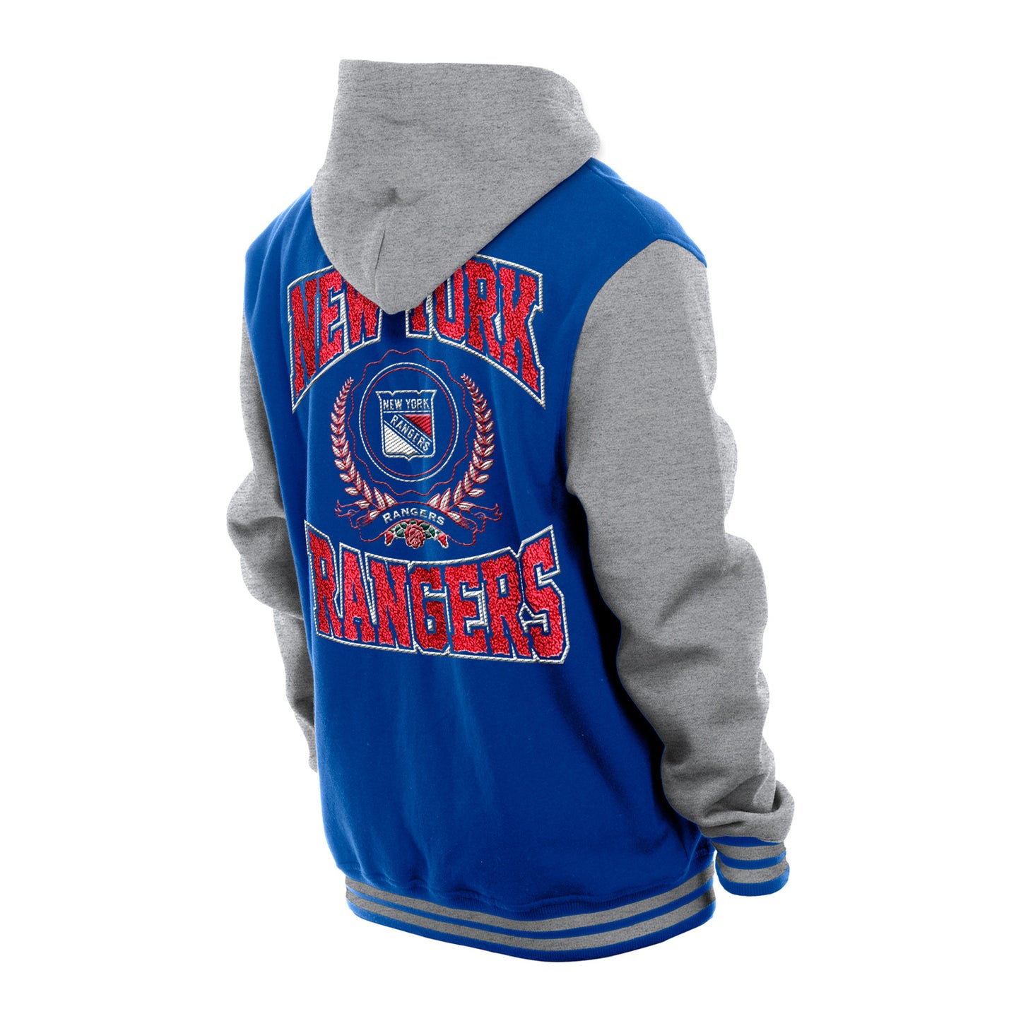 New Era Rangers Throwback Fleece Snap Front Hooded Jacket In Blue - Back View 2