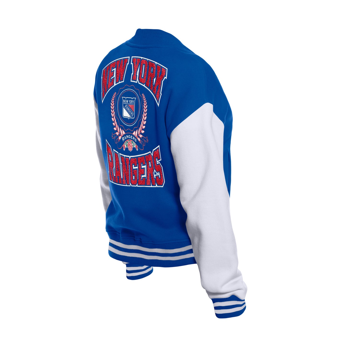 Women's New Era Rangers Throwback Fleece Snapfront Jacket In Blue - Back View 2