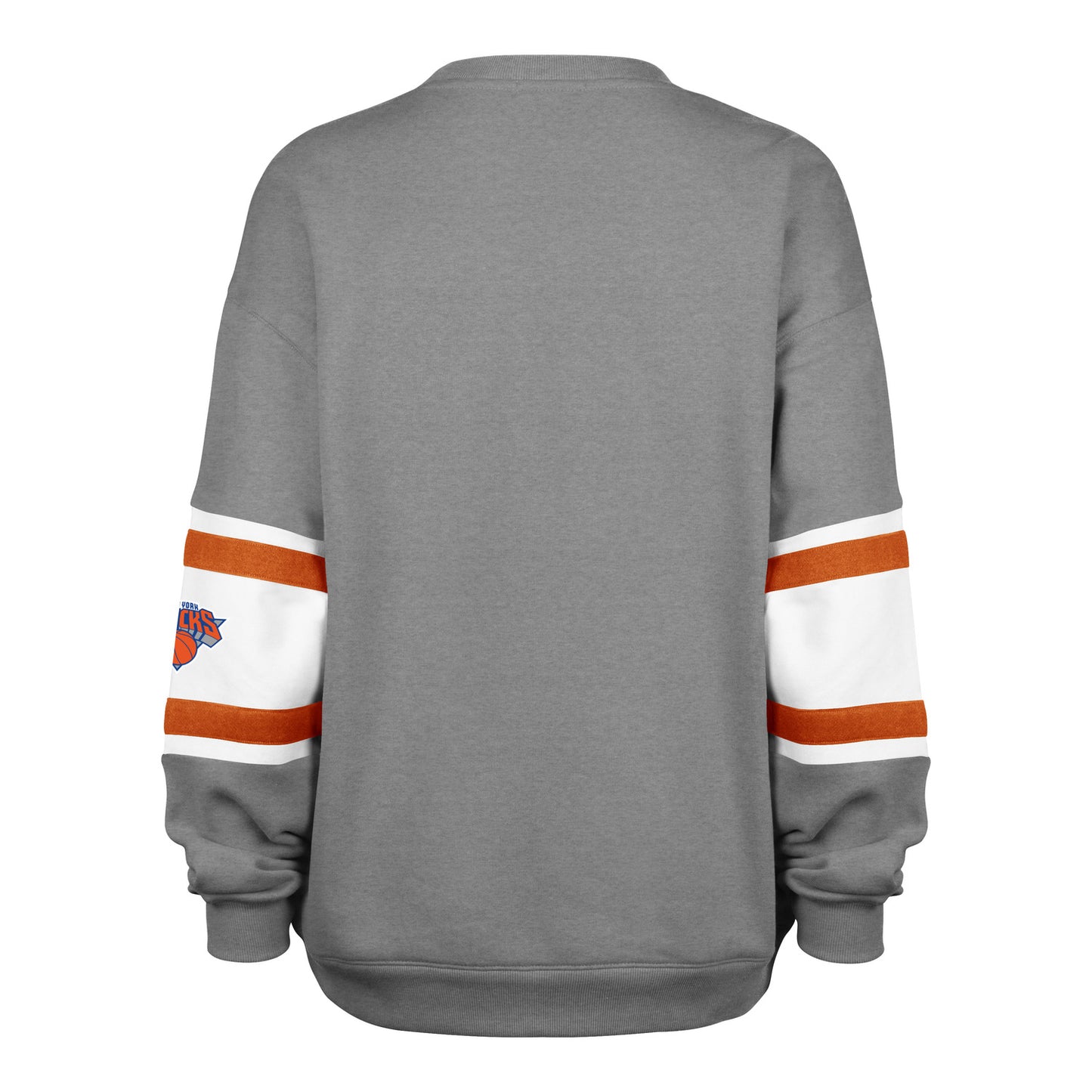 Women's '47 Brand Knicks Grey Steadfast Sleeve Paneled Crew In Grey - Back View