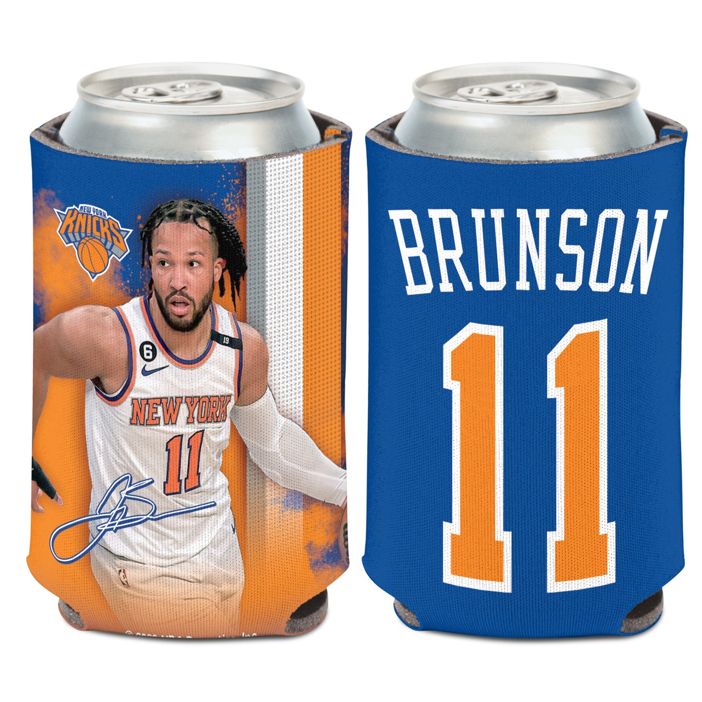 Wincraft Knicks Jalen Brunson Can Cooler In Orange & Blue - Front & Back View