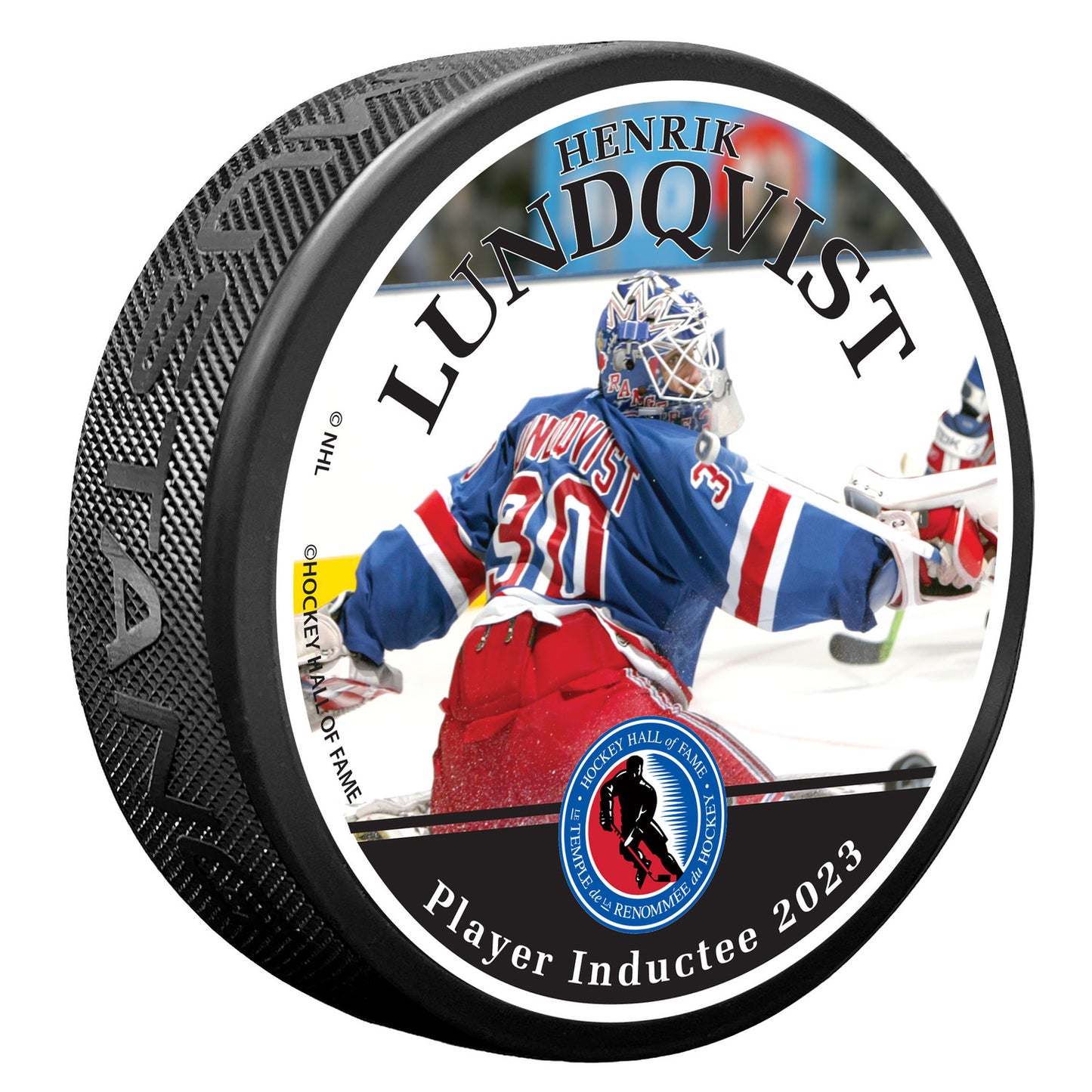 Mustang Henrik Lundqvist Hockey Hall of Fame Photo Puck - Main View