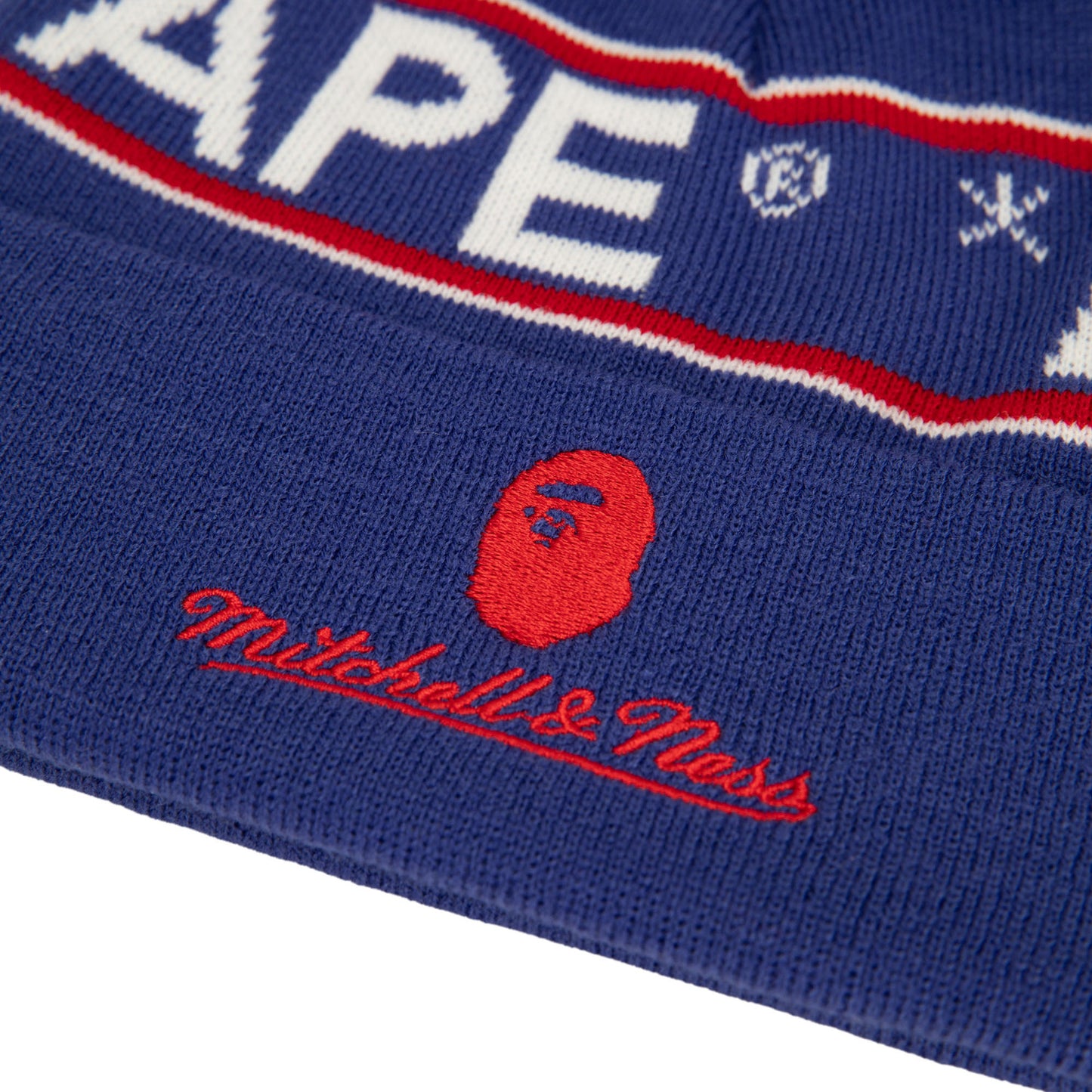 Mitchell & Ness Rangers x BAPE Pom Knit Beanie In Navy - Bape Logo