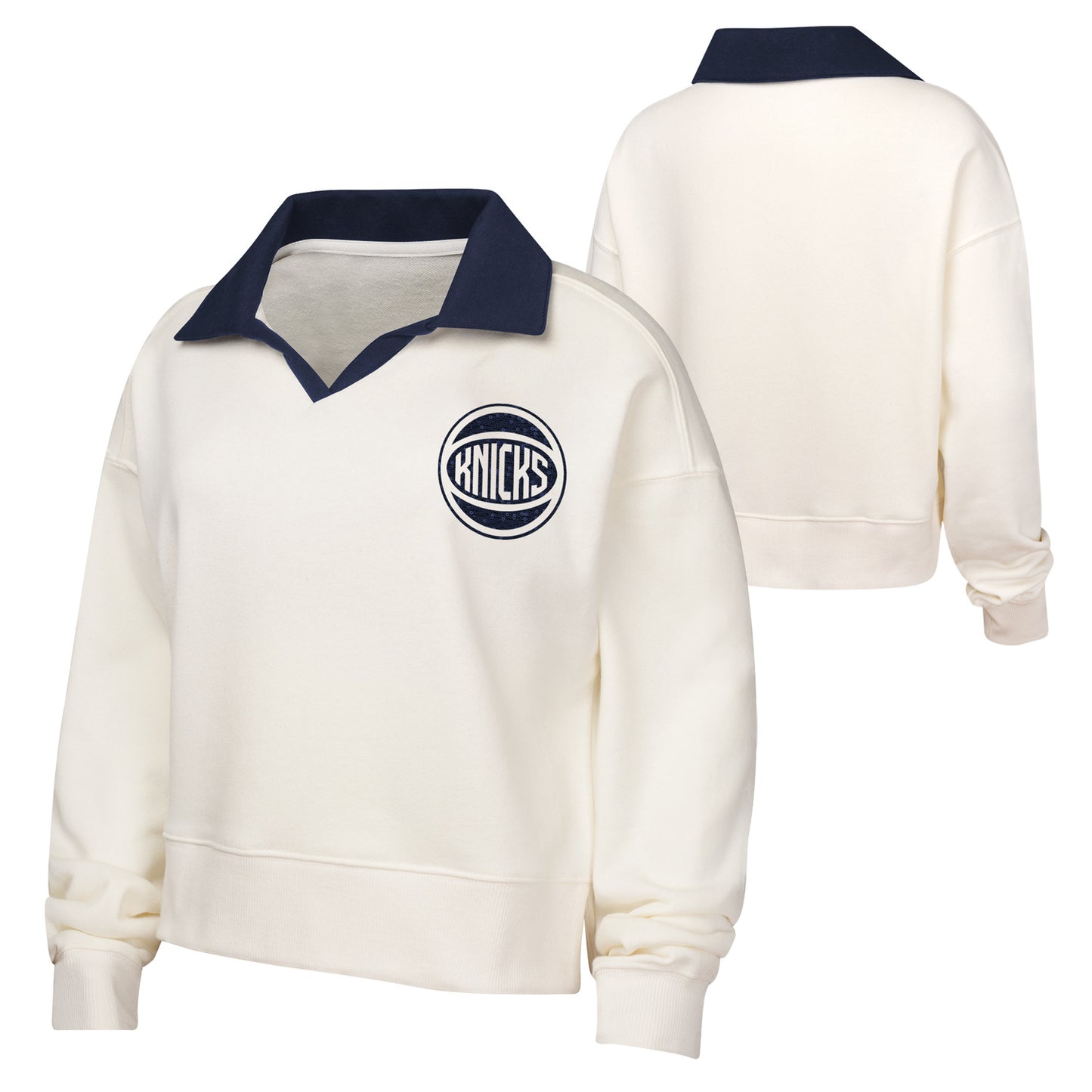 Girls Knicks Ballpark Hit Collar Long sleeve Tee In White - Front & Back View