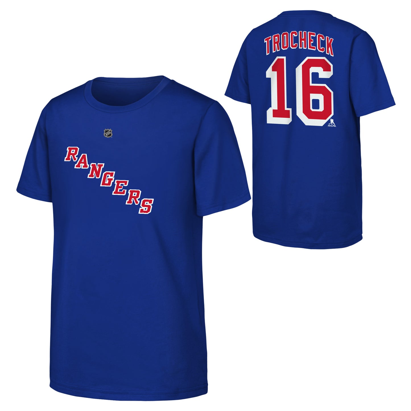 Youth Rangers Vincent Trocheck Name & Number Tee In Blue - Front & Back View