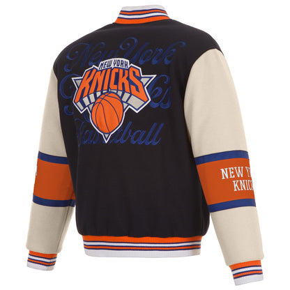 JH Design Knicks Two Tone Wool Reversible Navy/Cream Varsity Jacket