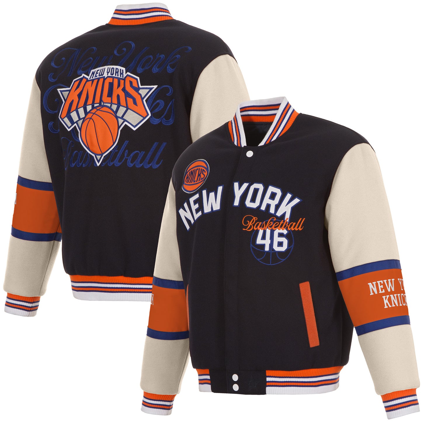 JH Design Knicks Two Tone Wool Reversible Navy/Cream Varsity Jacket