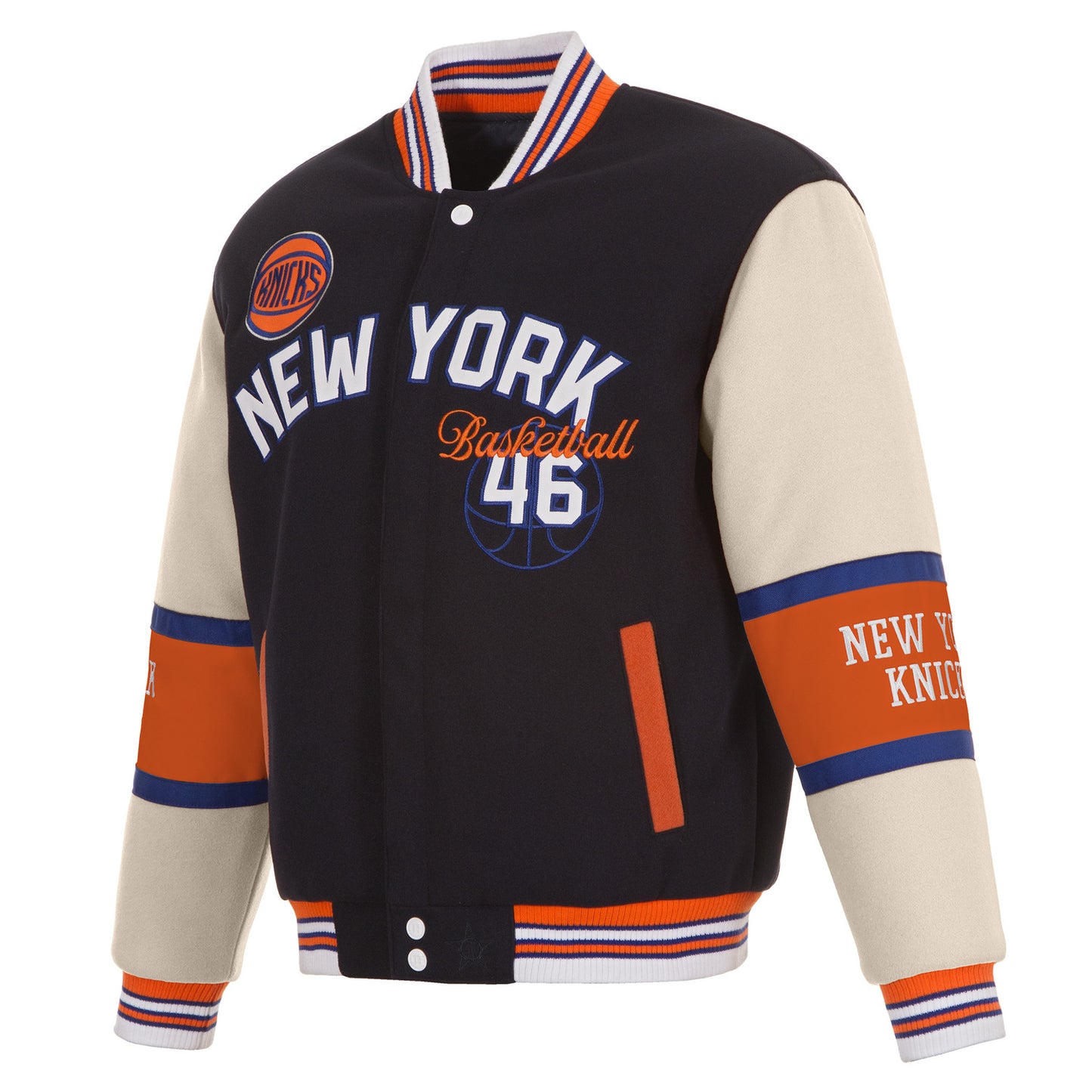 JH Design Knicks Two Tone Wool Reversible Navy/Cream Varsity Jacket