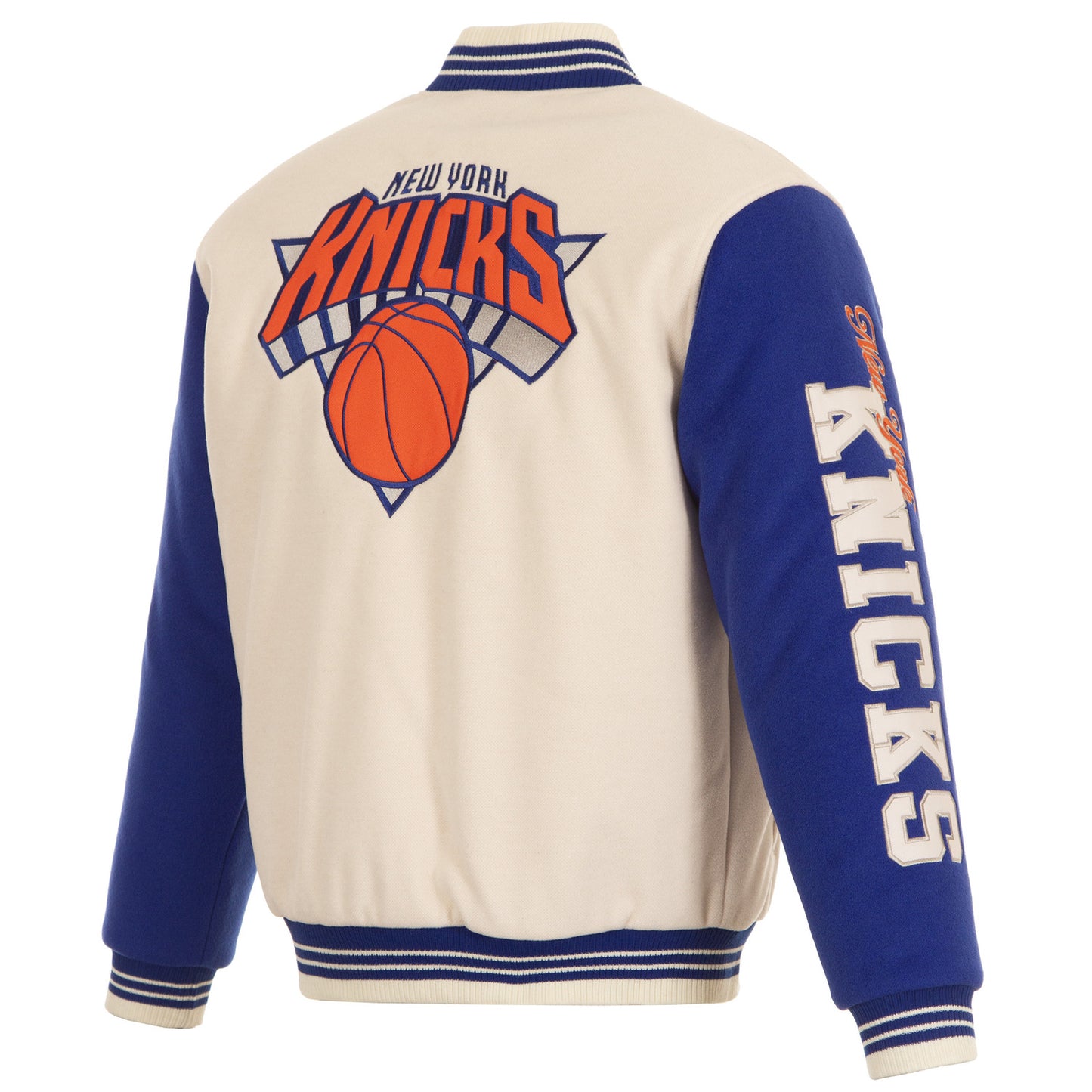 JH Design Knicks All Wool Two Tone Cream/Royal Reversible Varsity Jacket