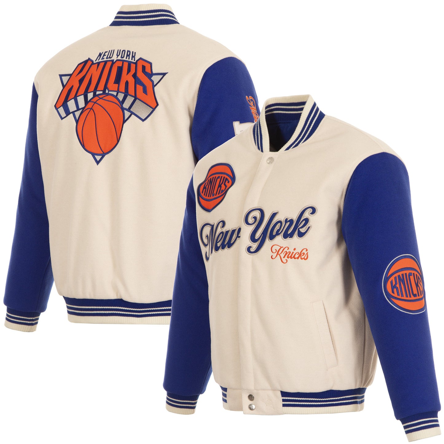 JH Design Knicks All Wool Two Tone Cream/Royal Reversible Varsity Jacket