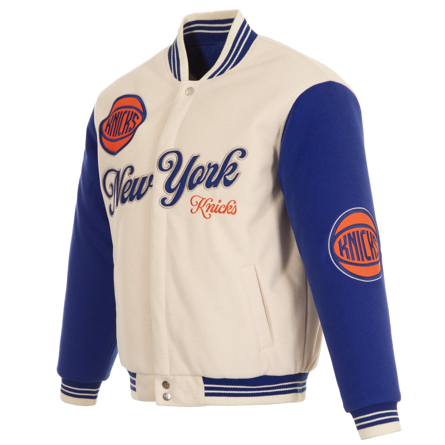 JH Design Knicks All Wool Two Tone Cream/Royal Reversible Varsity Jacket