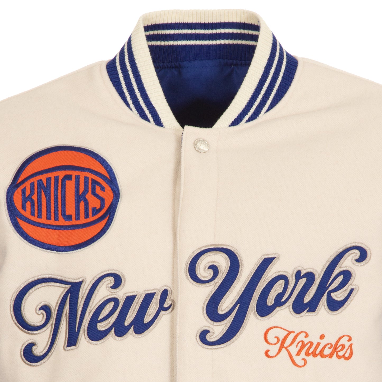 JH Design Knicks All Wool Two Tone Cream/Royal Reversible Varsity Jacket