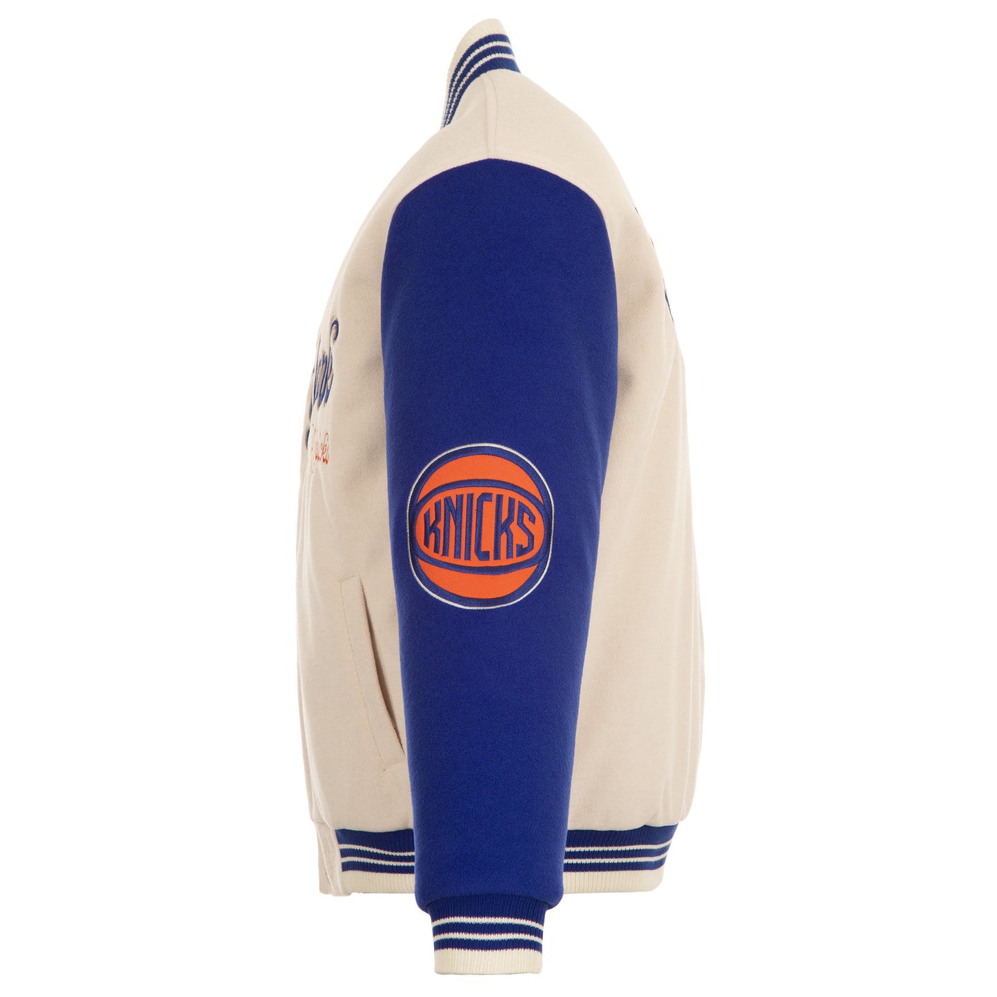 JH Design Knicks All Wool Two Tone Cream/Royal Reversible Varsity Jacket