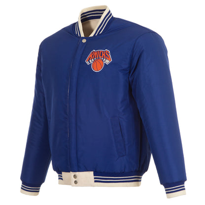 JH Design Knicks All Wool Two Tone Cream/Royal Reversible Varsity Jacket