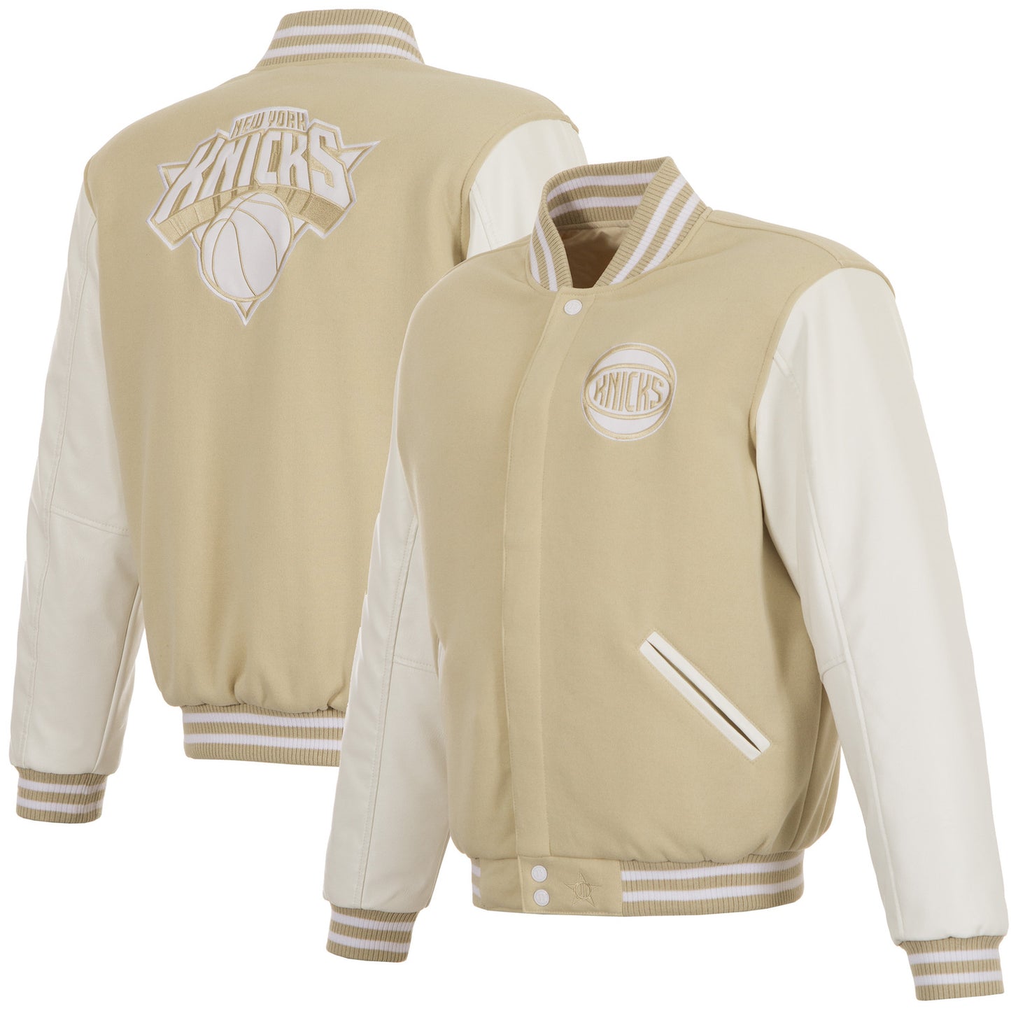 JH Design Knicks Reversible Tan/White Varsity Jacket - Front & Back View