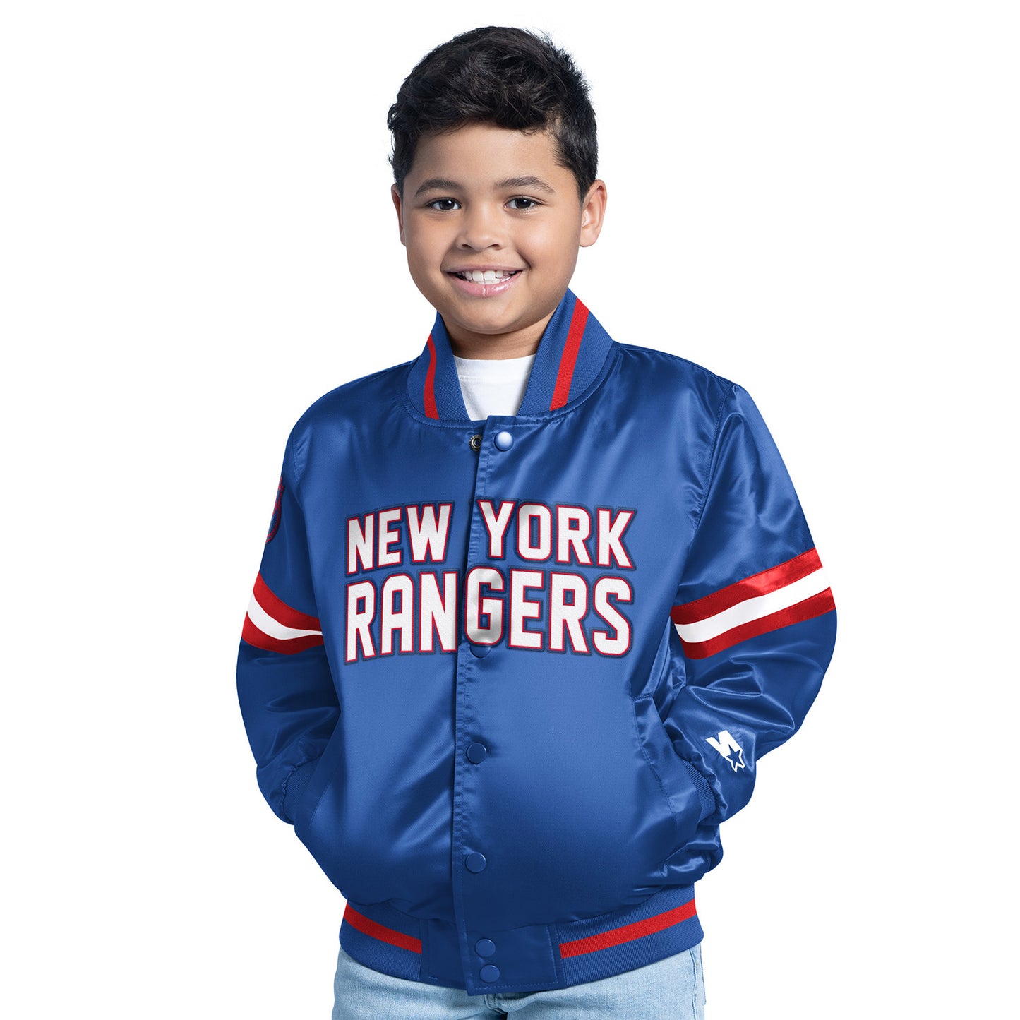 Youth Starter Rangers Scrimmage Varsity Jacket In Blue - Front View