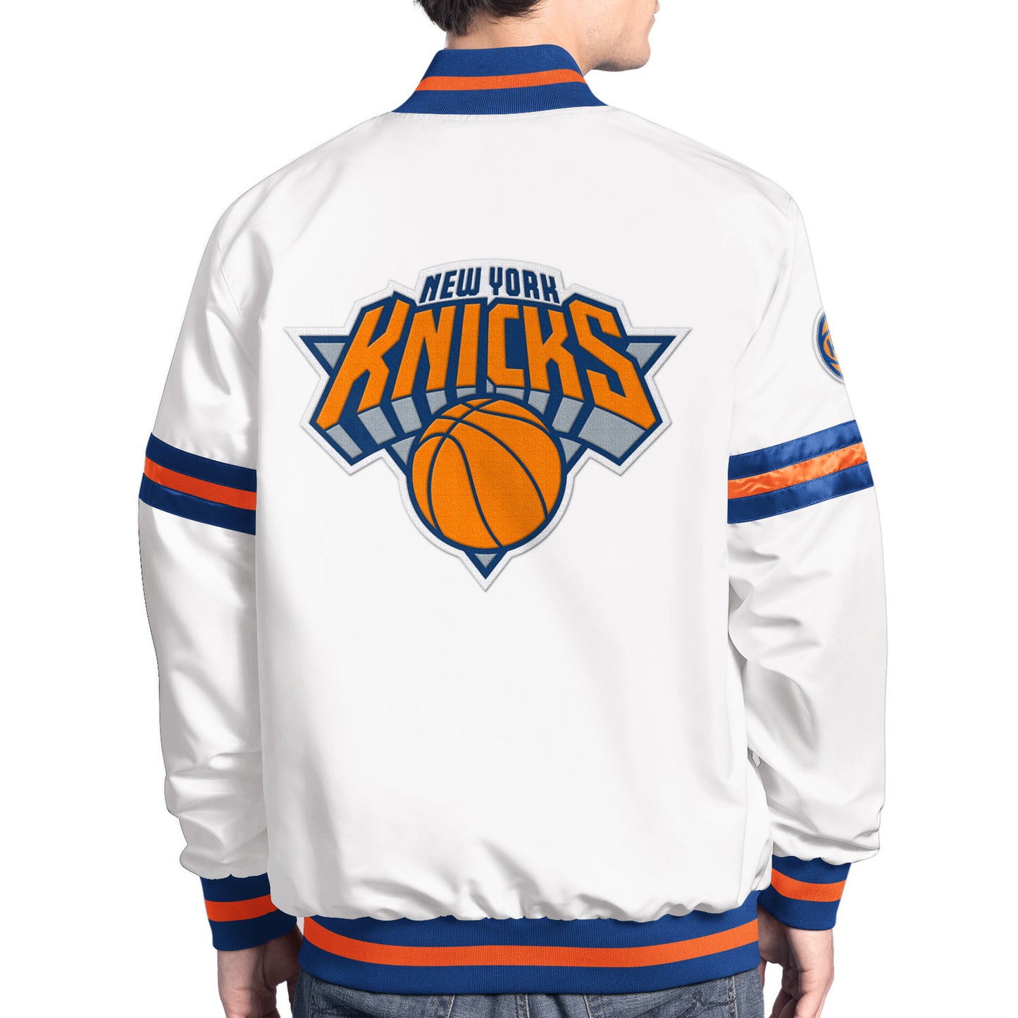 Starter Knicks Scout White Varsity Jacket In White - Back View