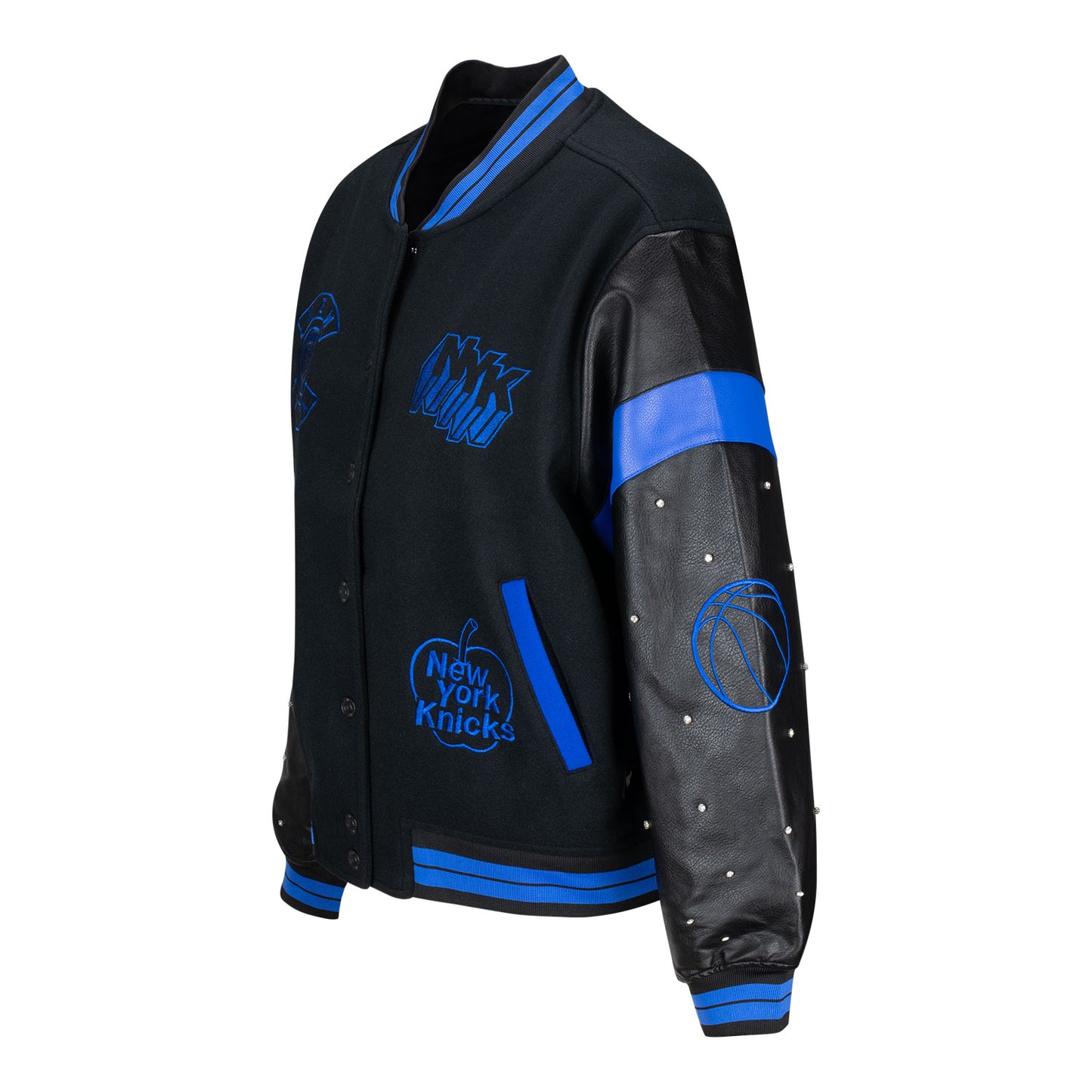 Women's Wild Collective Knicks Black Varsity Jacket - Angled Left View