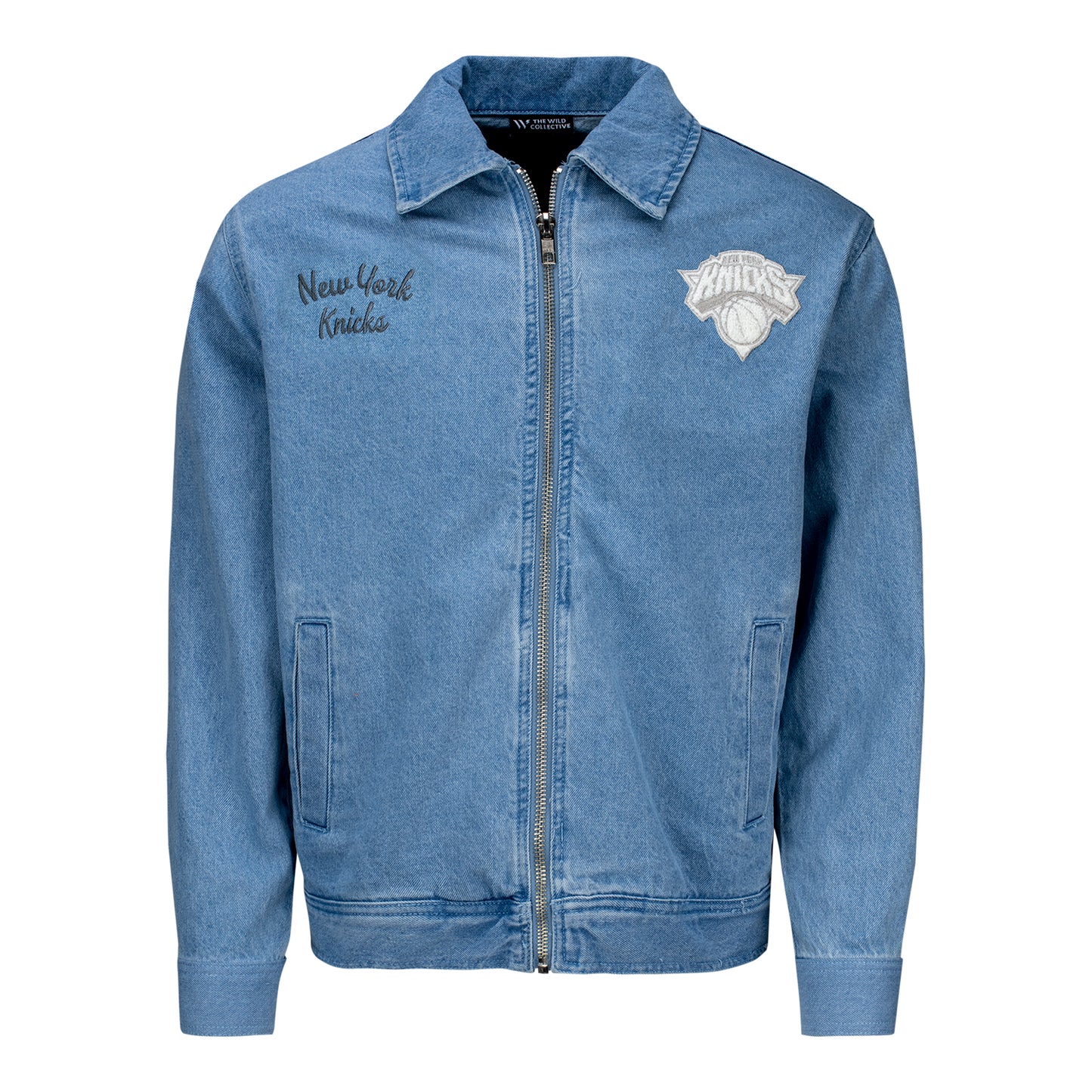 Women's Wild Collective Knicks Chenille Button Up Denim Jacket In Blue - Front View