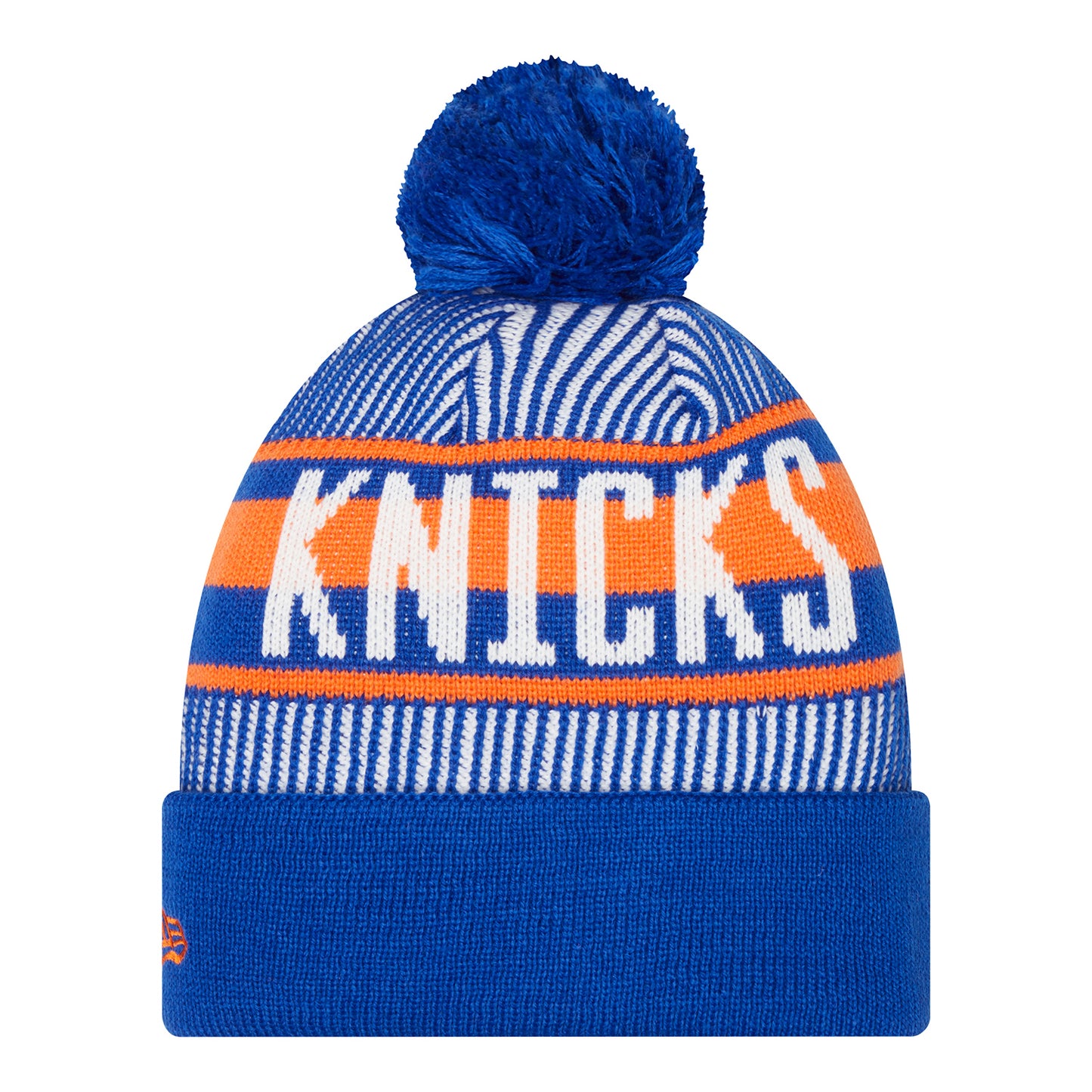 New Era Knicks Royal Striped Pom Knit Beanie In Blue - Back View