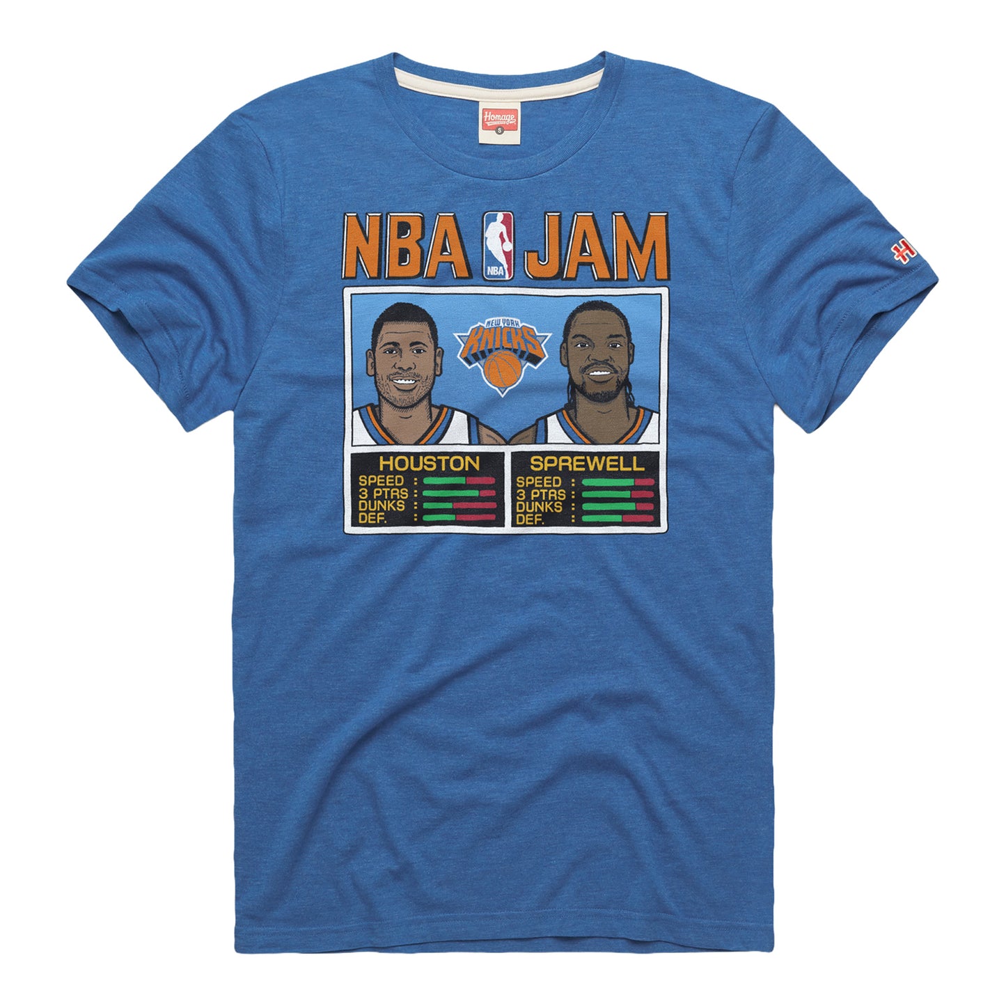 Homage Knicks Sprewell and Houston NBA Jam T-Shirt in Blue - Front View
