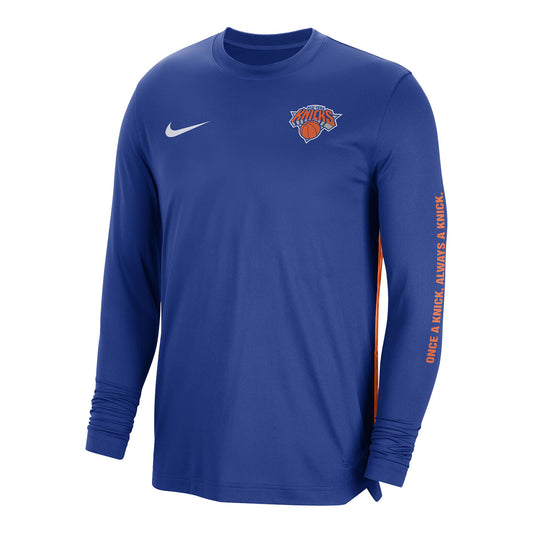 Nike Knicks On Court 23-24 Dri-fit Pregame Longsleeve T-Shirt - In Blue - Front View