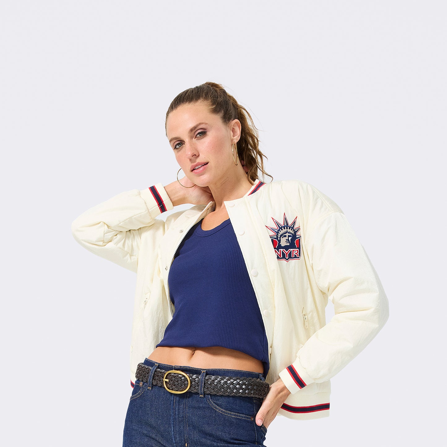 Terez Rangers Cream Liberty Bomber Jacket - Front View
