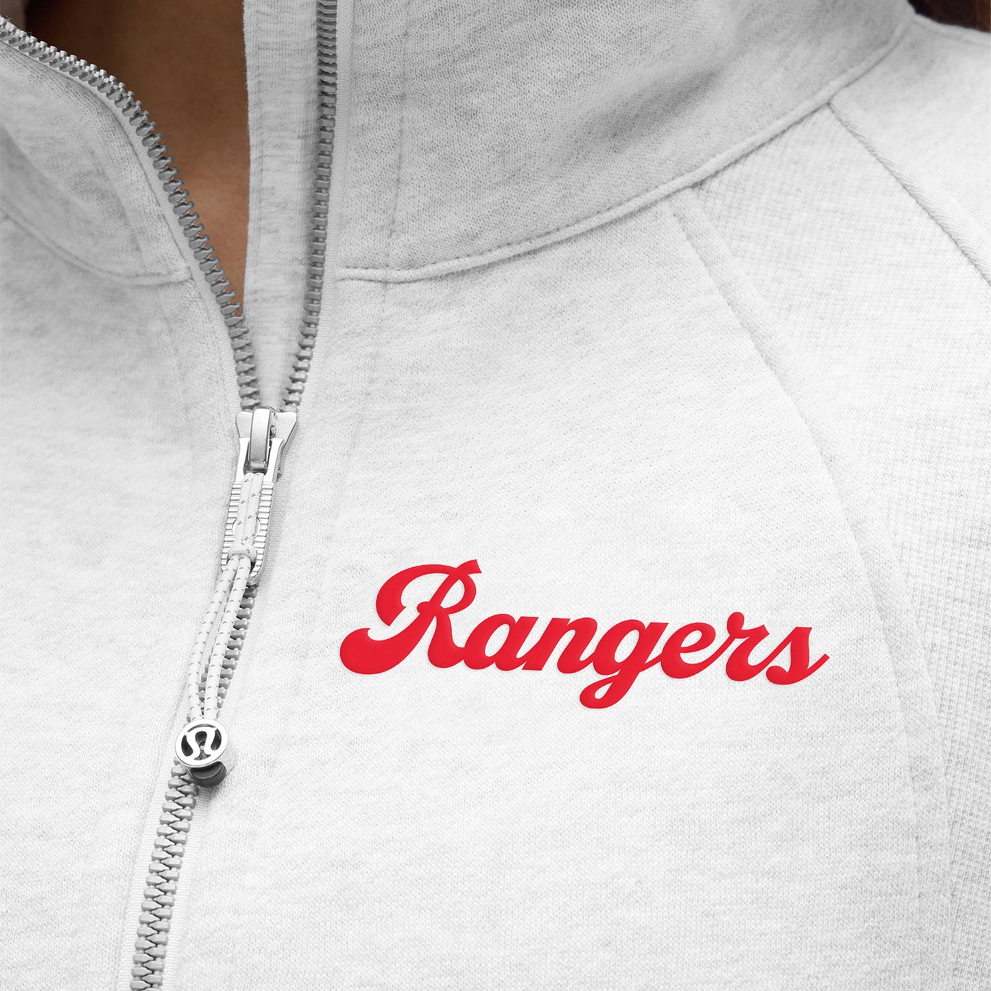 Women's Lululemon Rangers Heather Grey Scuba Oversized Funnel Neck Half Zip - Close-Up Wordmark View