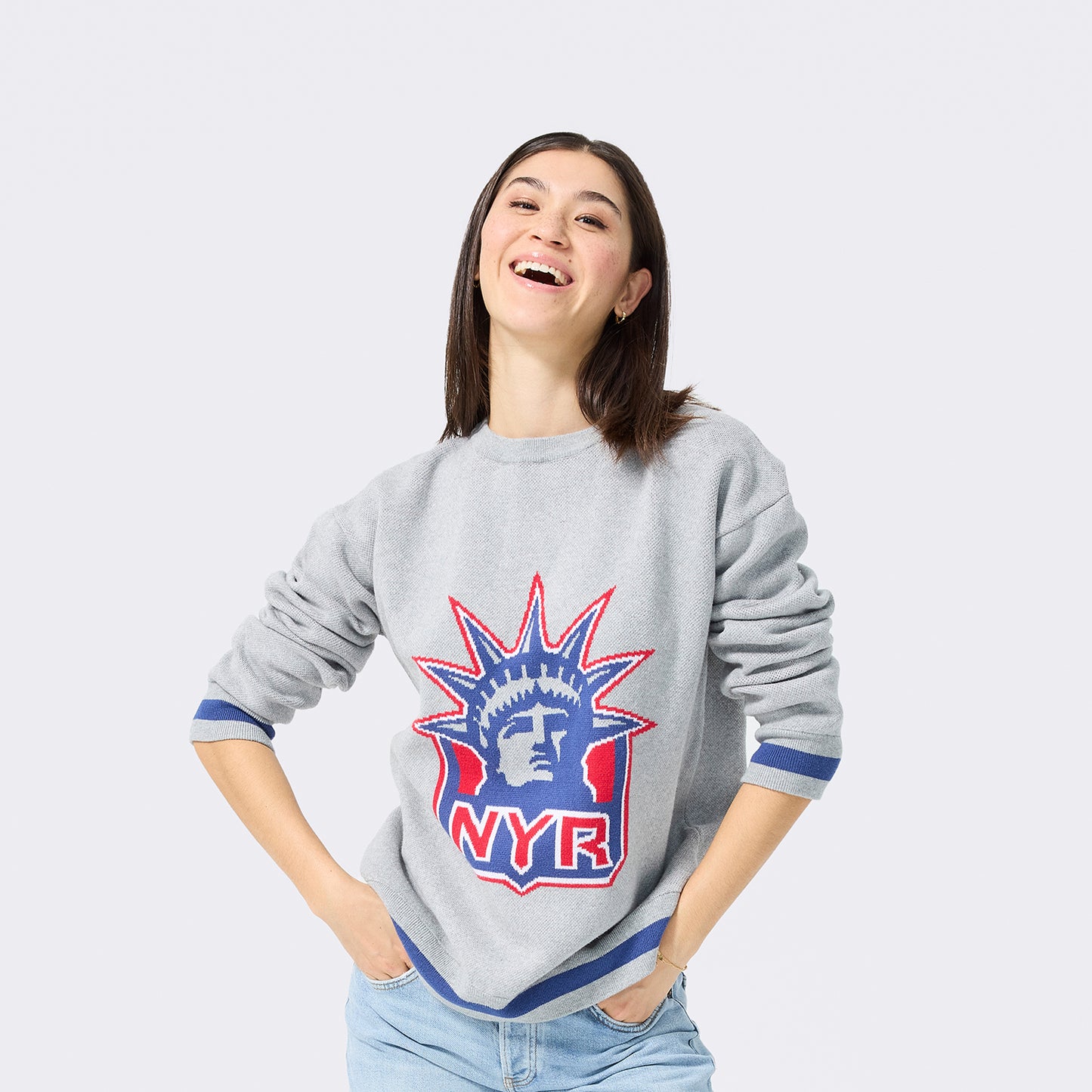 Terez Rangers Liberty Heather Grey Knit Cotton Sweater - Front View