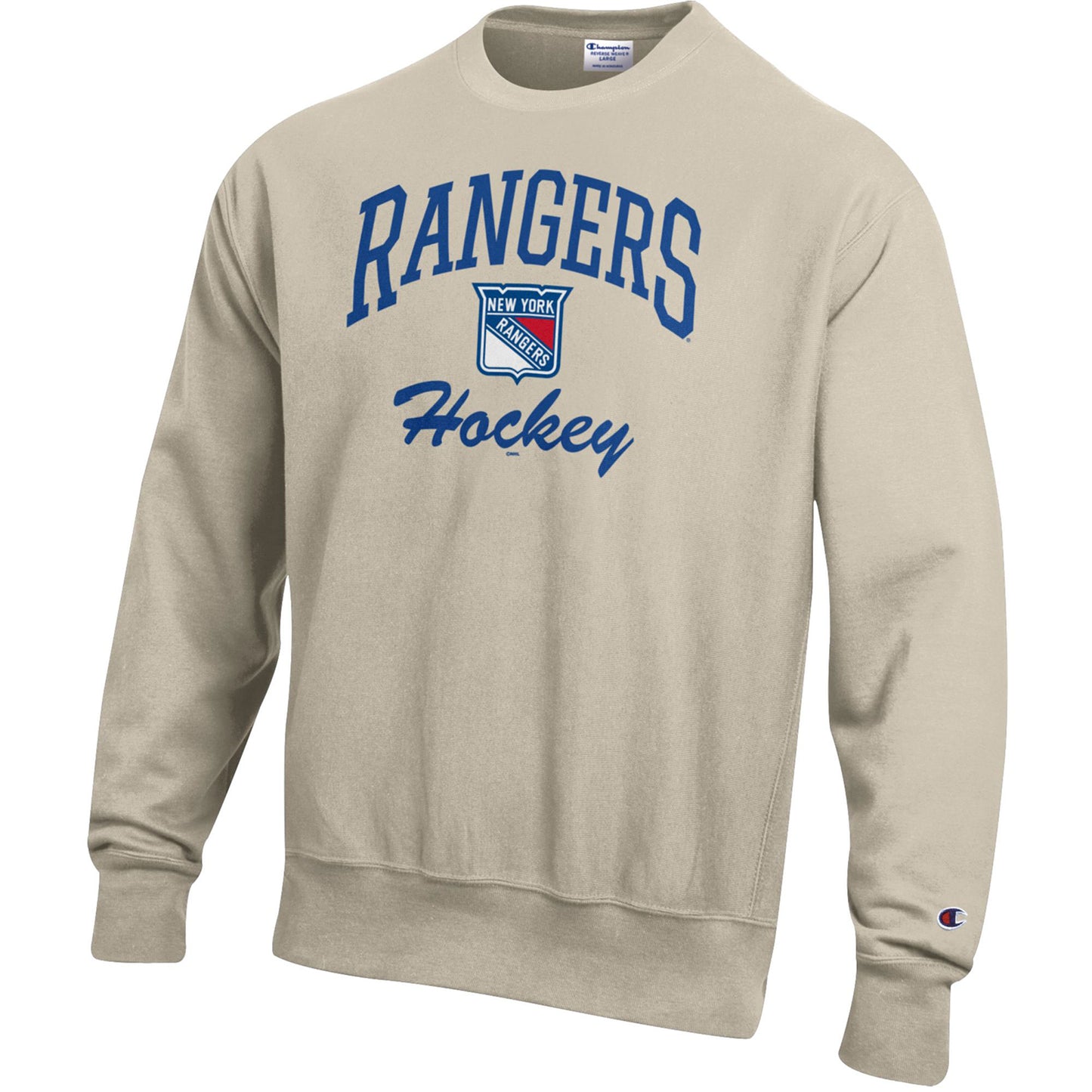 Champion Rangers Hockey Oatmeal Heather Reverse Weave Crewneck - Front View