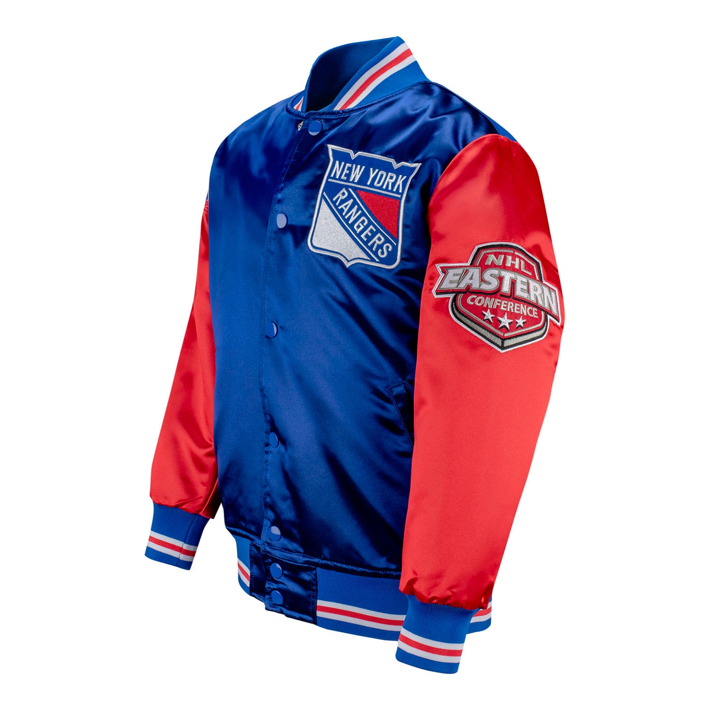 Youth Mitchell & Ness Rangers Primetime Heavyweight Satin Jacket In Blue - Front Left View