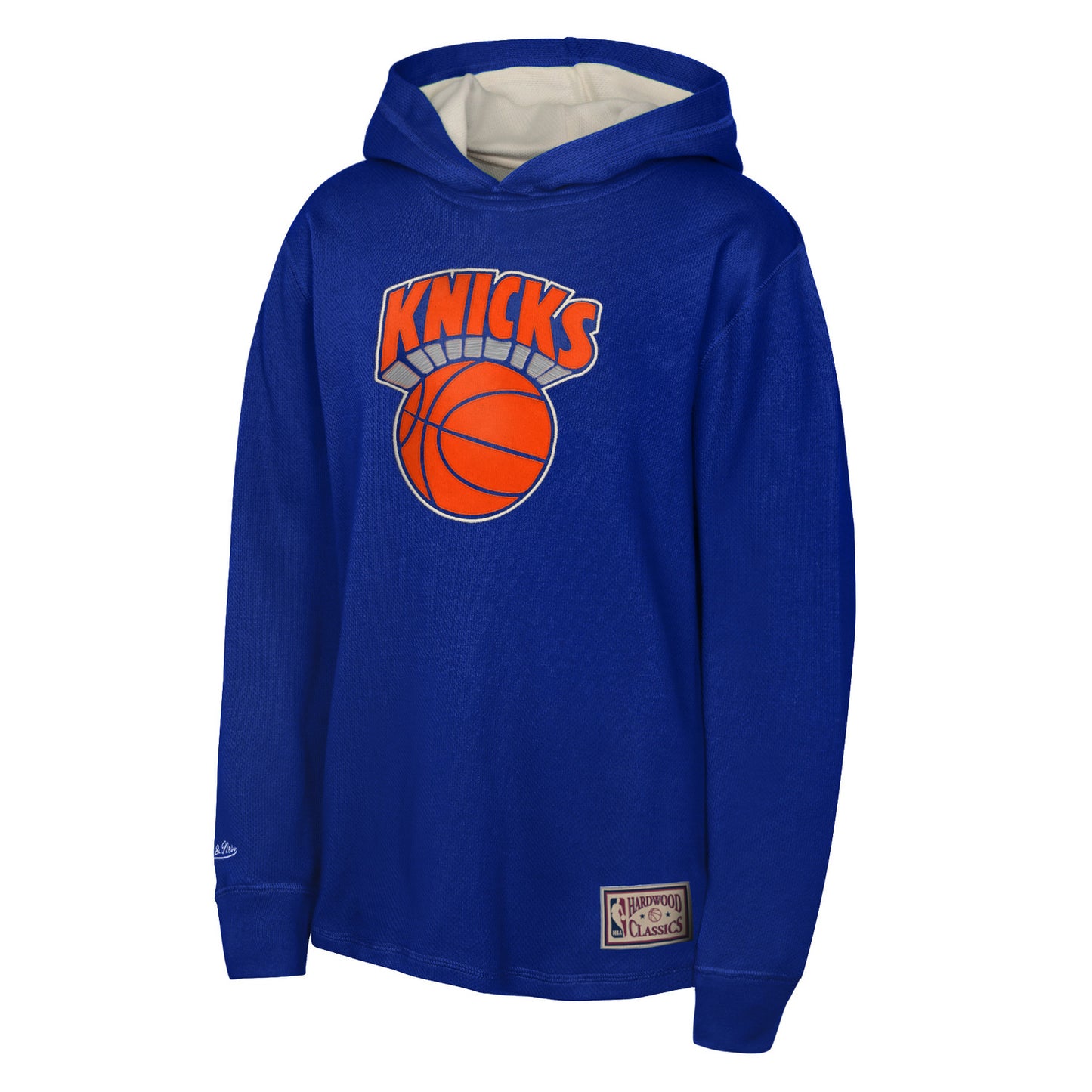 Youth Mitchell & Ness Knicks Thermal Long Sleeve Hood In Blue - Front View