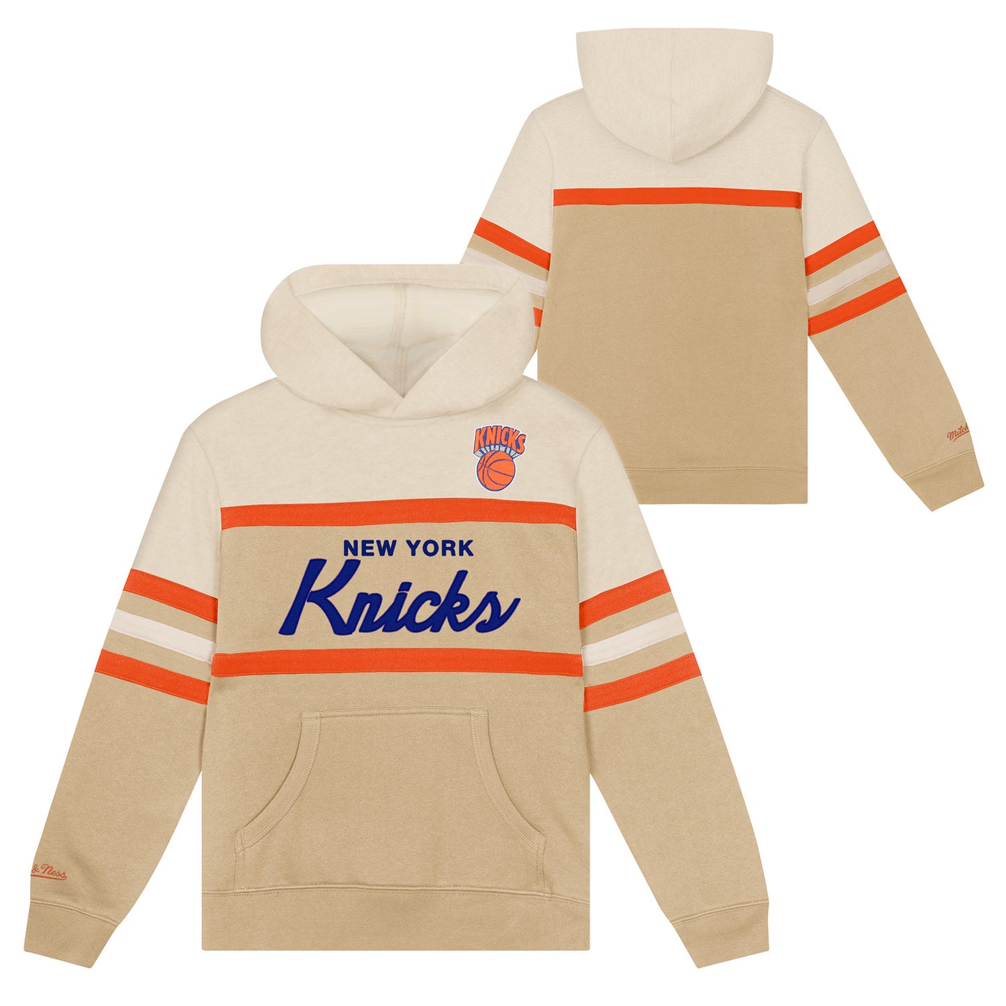 Toddler Mitchell & Ness Knicks Head Coach Hoodie In Tan - Front & Back View