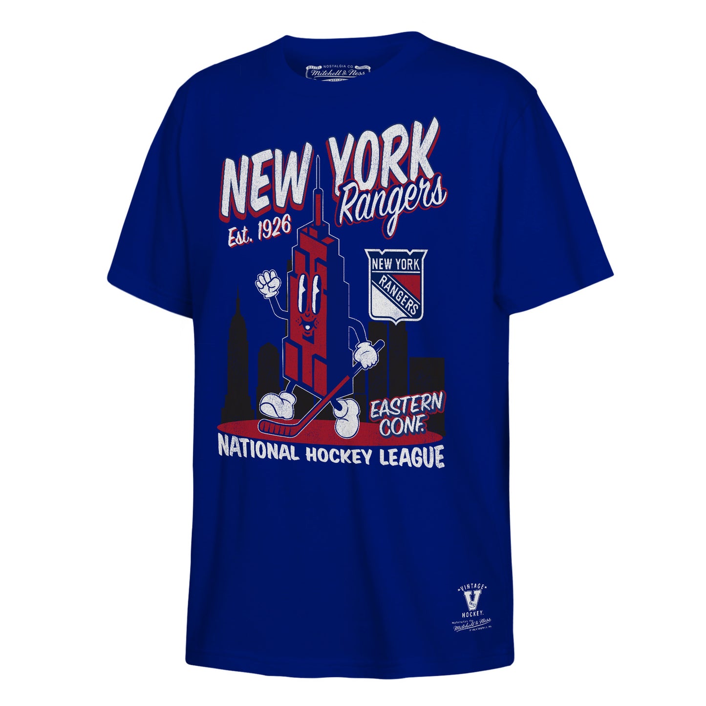 Youth Mitchell & Ness Rangers Retro SkyScraper Tee In Blue - Front View