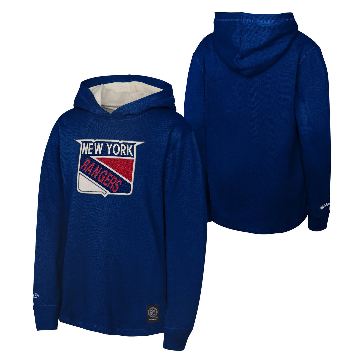 Youth Mitchell & Ness Rangers Thermal Long Sleeve Hood - Front & Back View