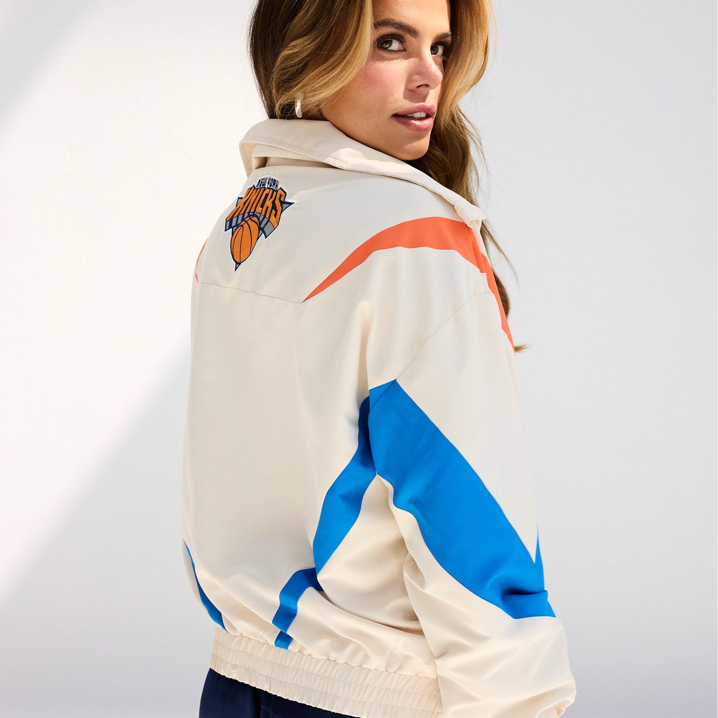 Terez Knicks Cream Ripstop Chevron Quarter Zip Jacket