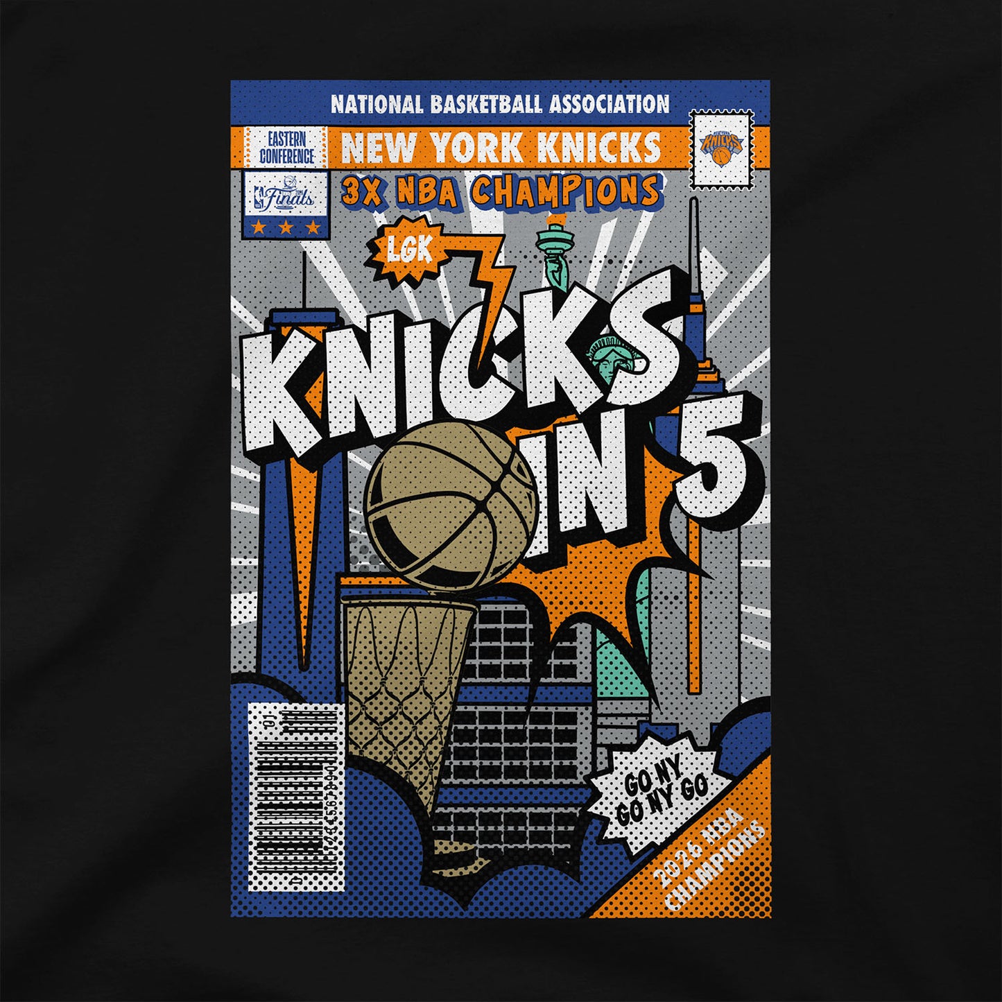 Stadium Essentials Knicks 2026 NBA Champions "Knicks in 5" Comic Book Tee