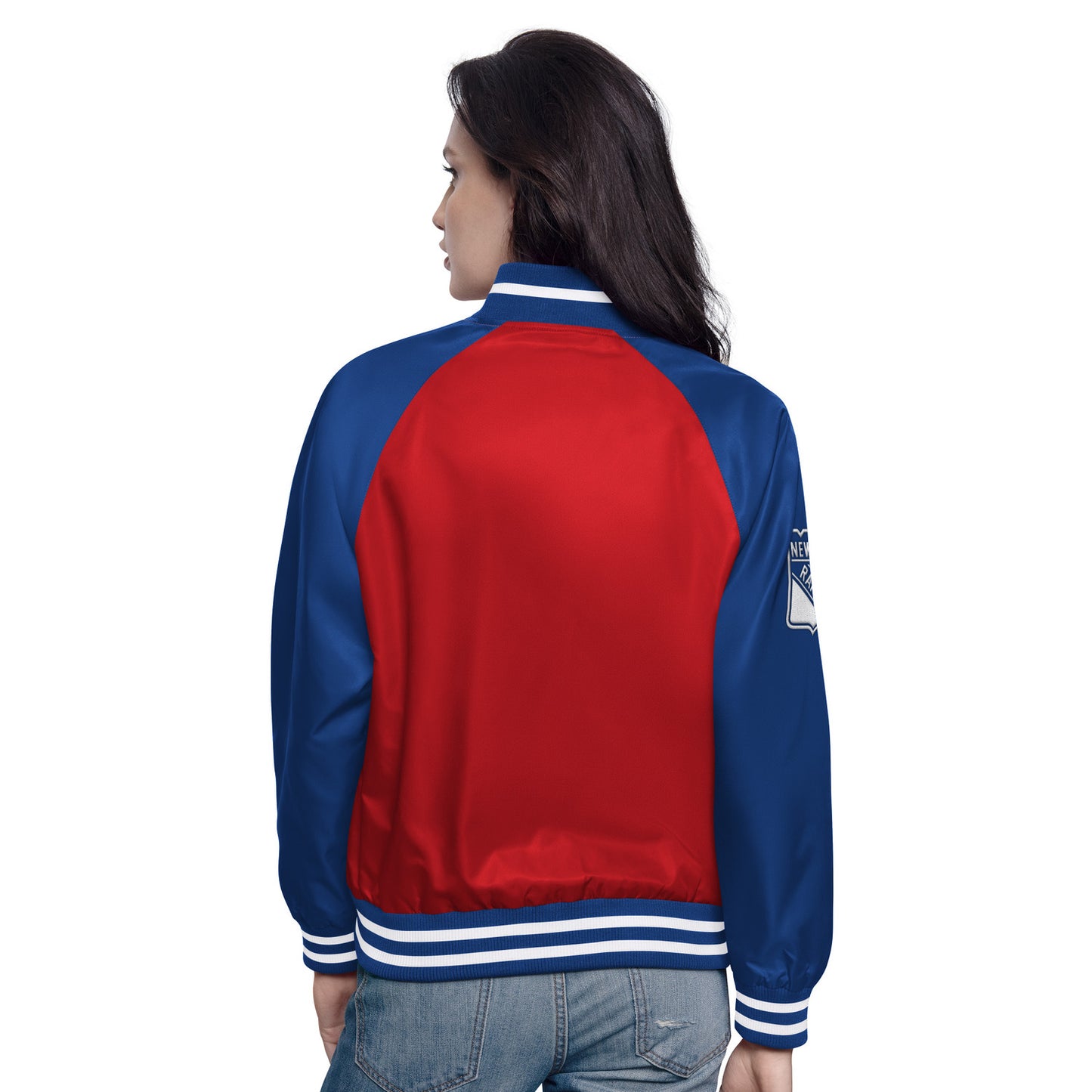 Women's Starter Rangers Homerun Varsity Jacket In Red - Back View