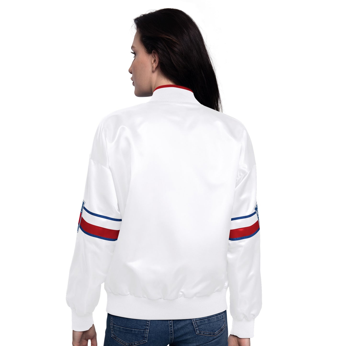 Women's Starter Rangers Hurry Up Offense White Varsity Jacket - Back View