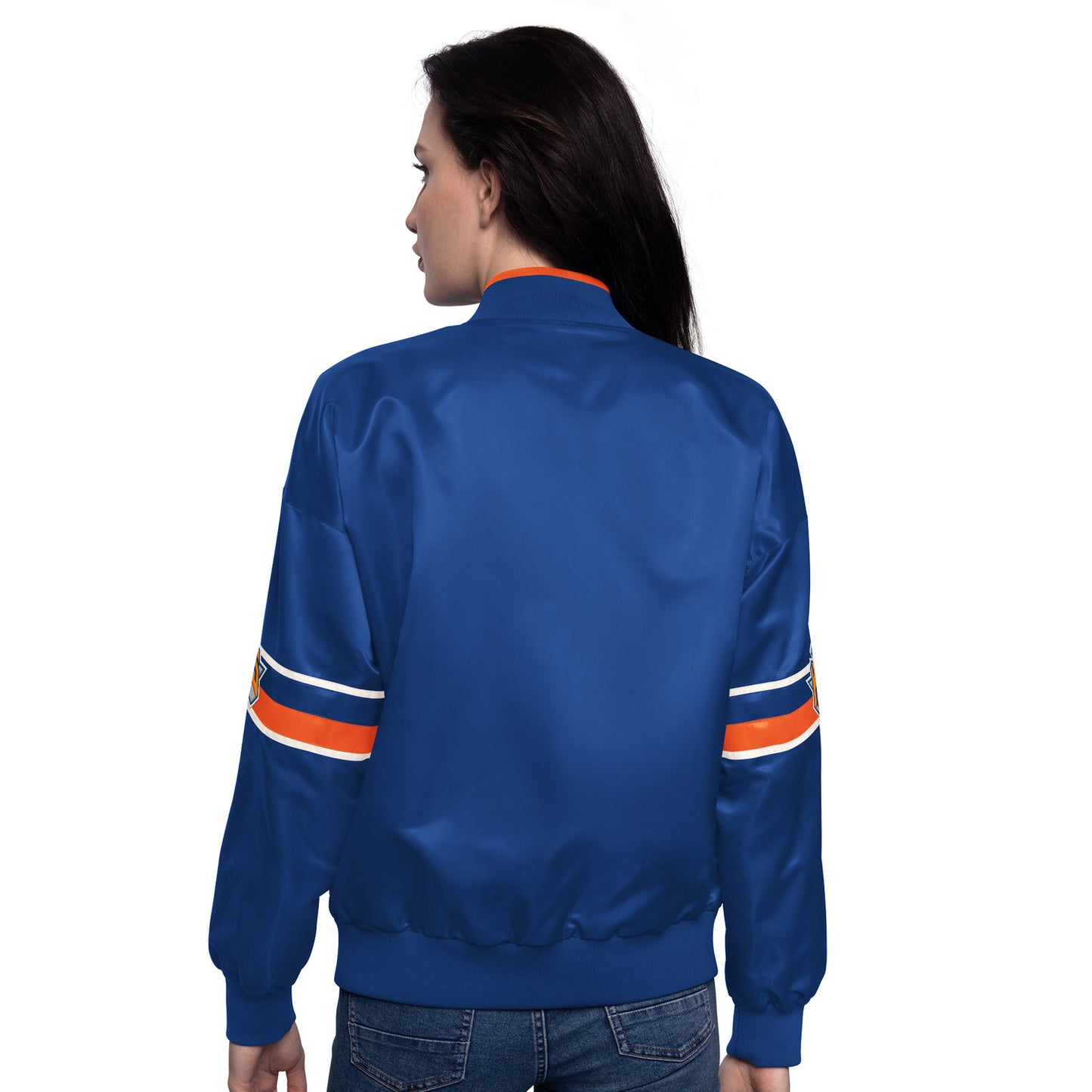 Women's Starter Knicks Hurry Up Offense Royal Varsity Jacket - Back View