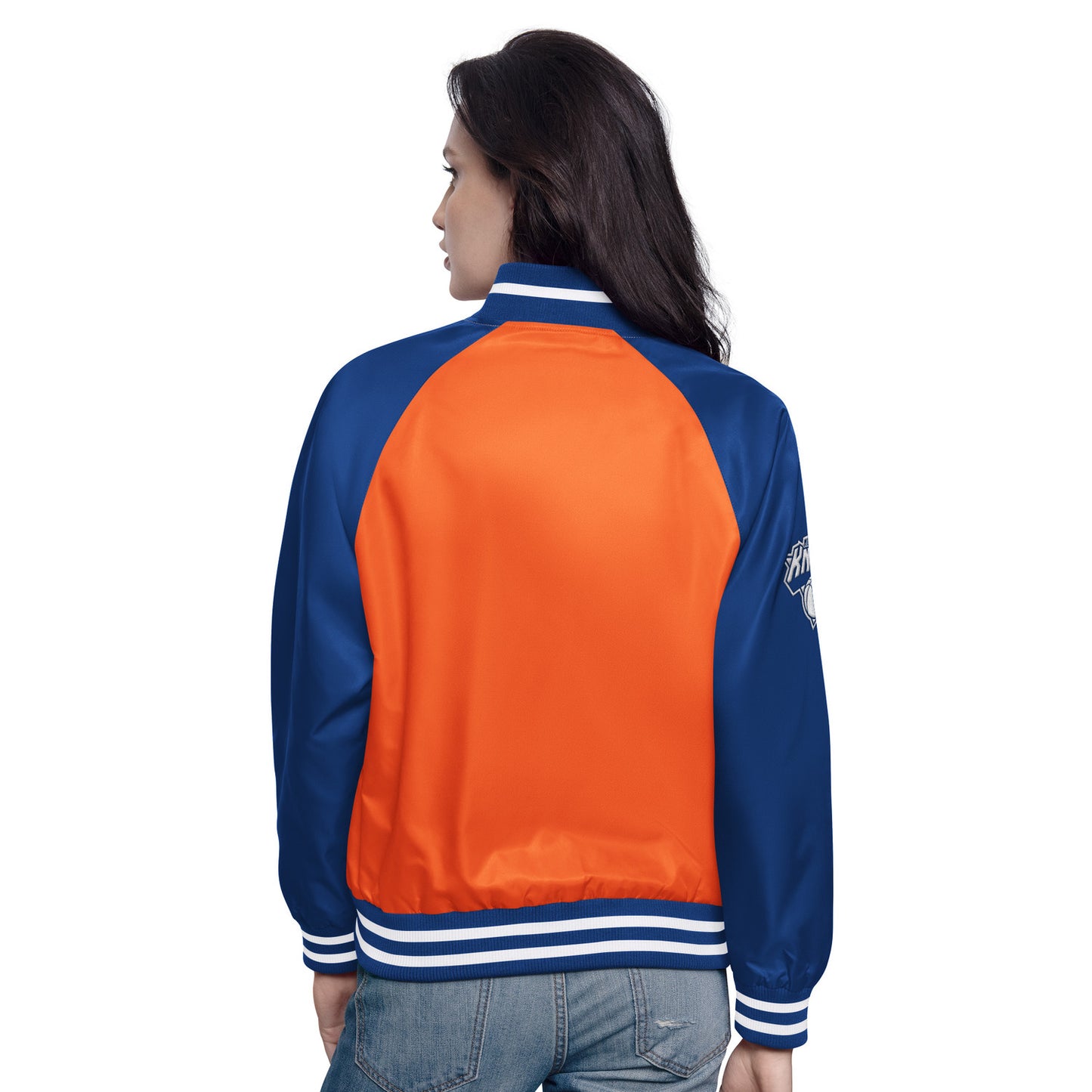 Women's Starter Knicks Homerun Varsity Jacket In Orange - Back View