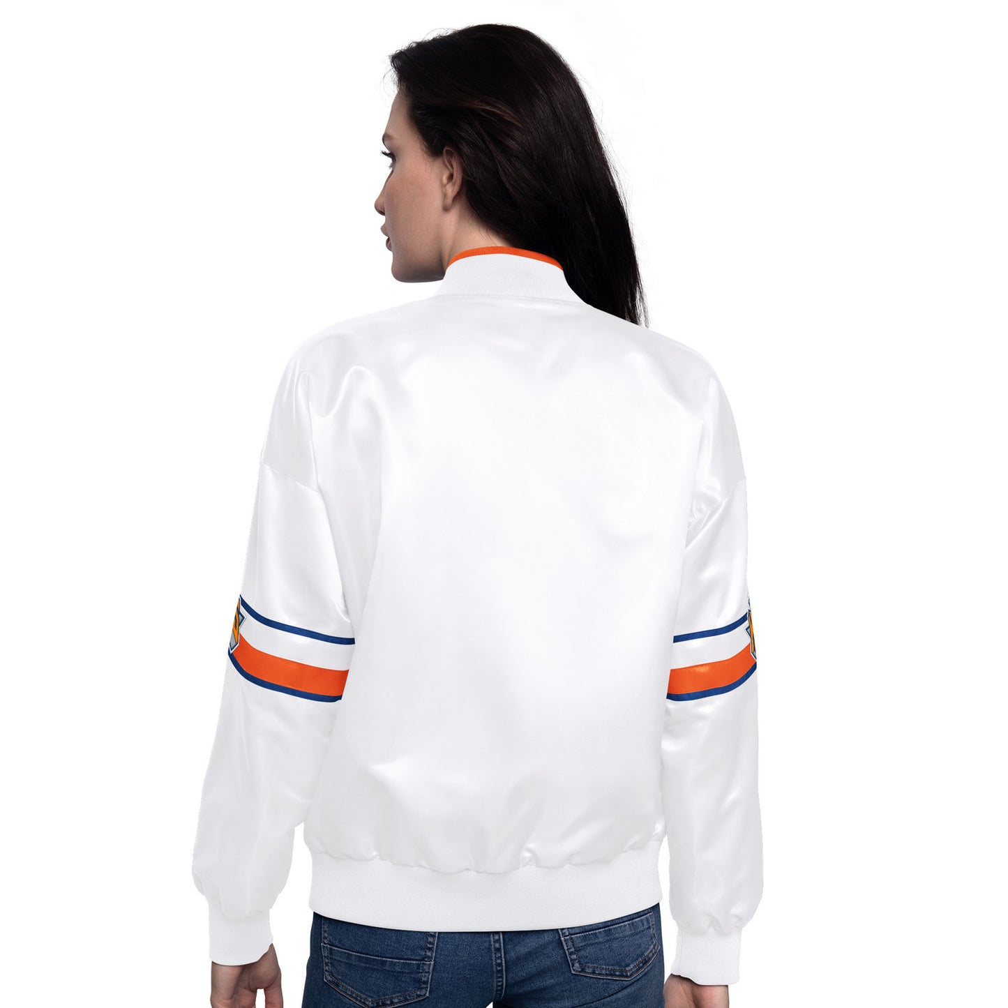 Women's Starter Knicks Hurry Up Offense White Varsity Jacket - Back View