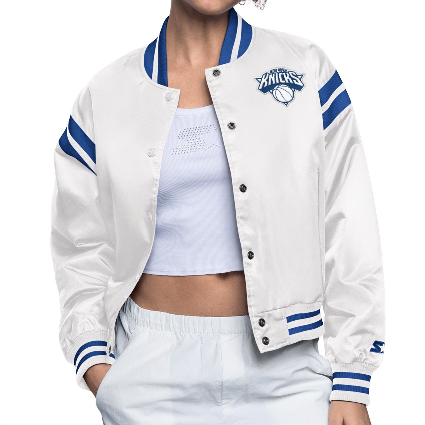 Women's Starter Knicks Full Count Varsity Jacket In White - Front View