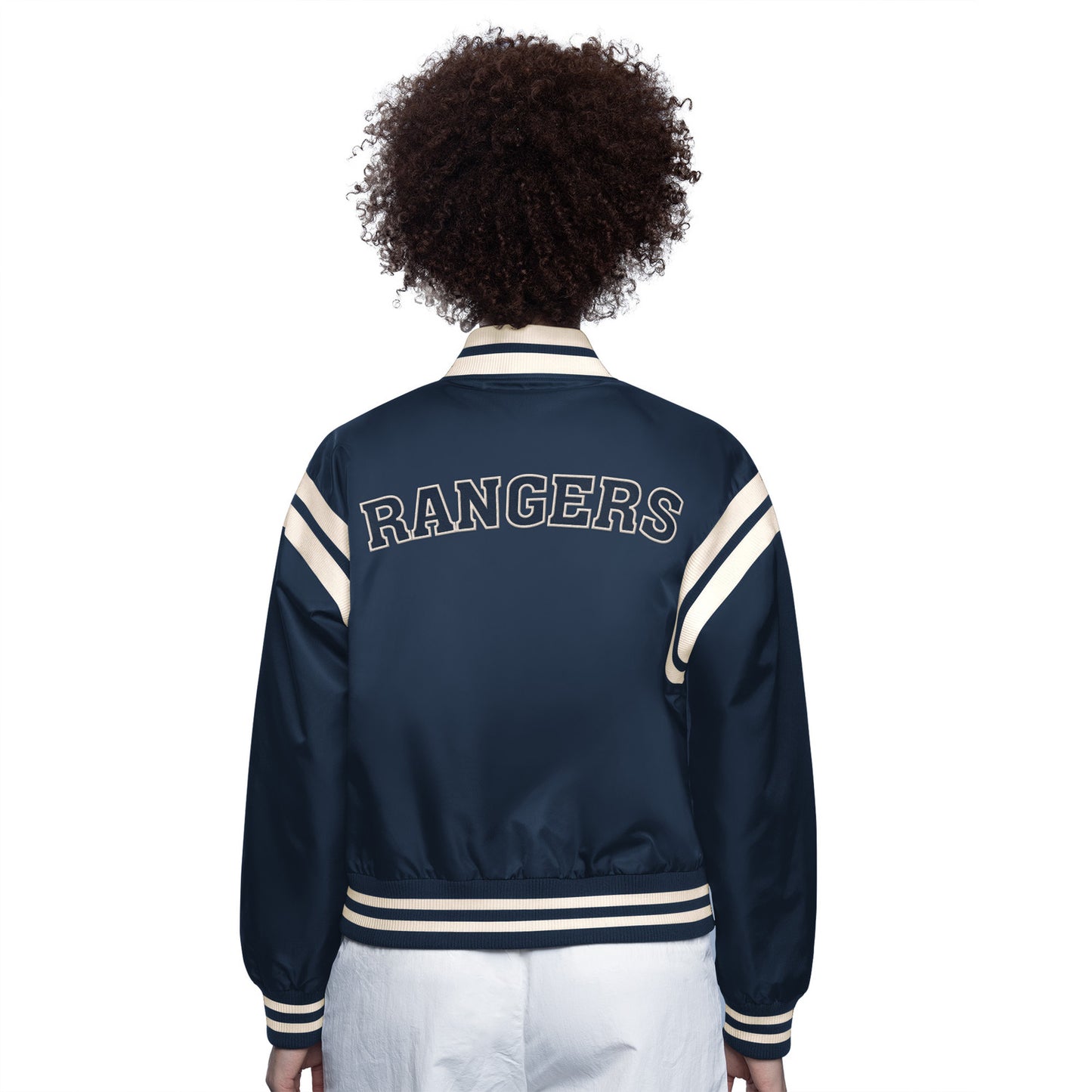 Women's Starter Rangers Navy Full Count Varsity Jacket - Back View